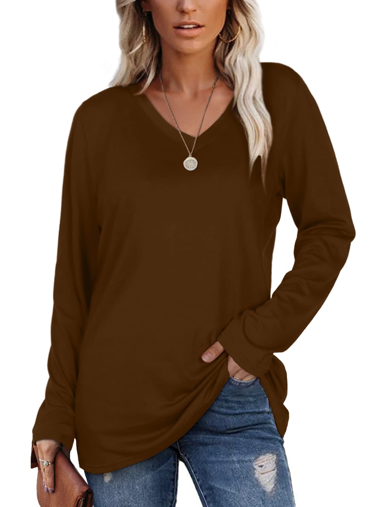 Stylish SAMPEEL Women's V-Neck Long Sleeve T-Shirt - Loose Fit Spring Top for Casual Wear & Layering | Perfect for Office, Dating & Weekend Outfits