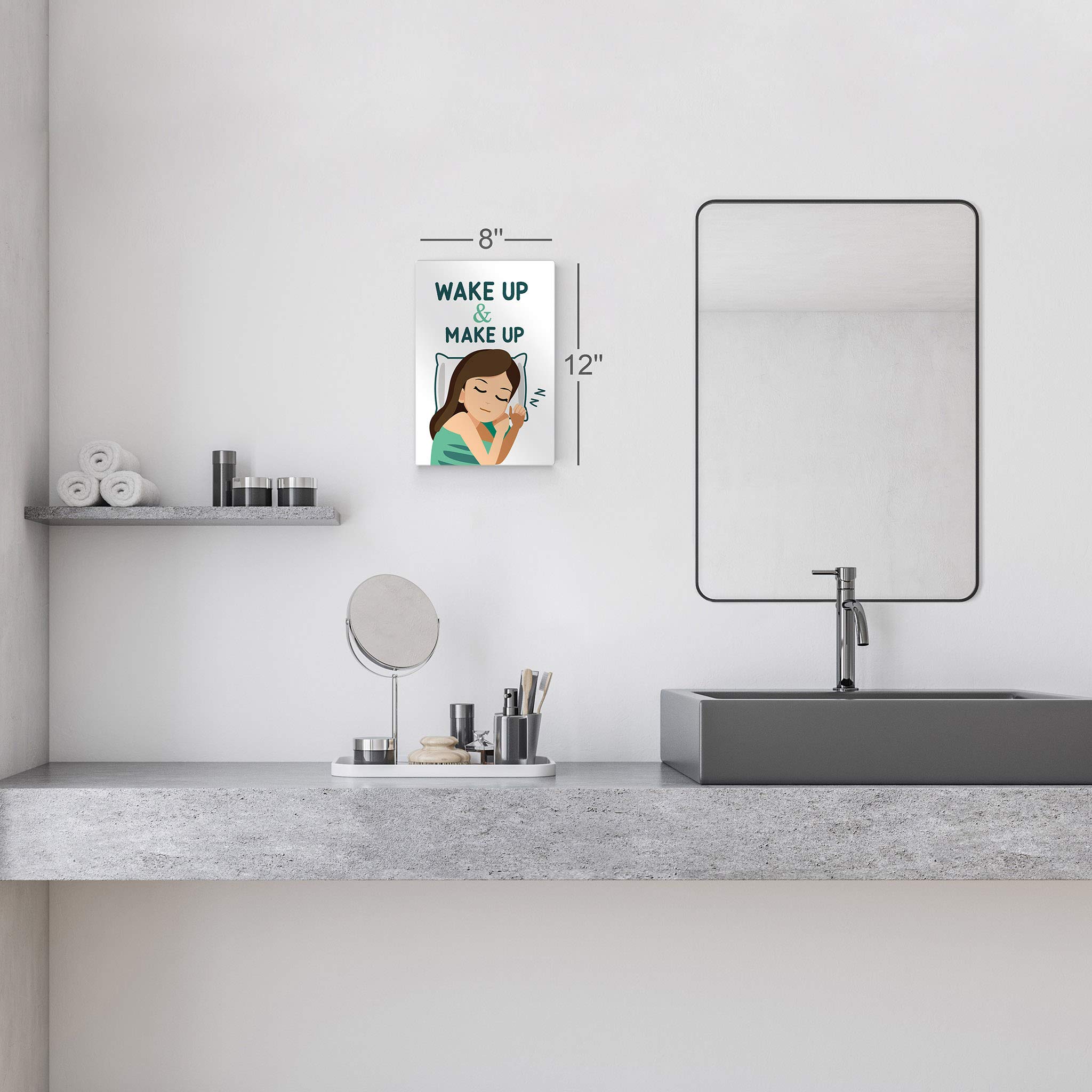 Funny Wake Up Make Up Bathroom Sign - Cute Metal Print Wall Art for Bathroom & Nursery Decor - Ready to Hang Home Decoration (36x24 Inches) - Perfect for Powder Rooms, Guest Bathrooms & Kids' Spaces - Made in USA