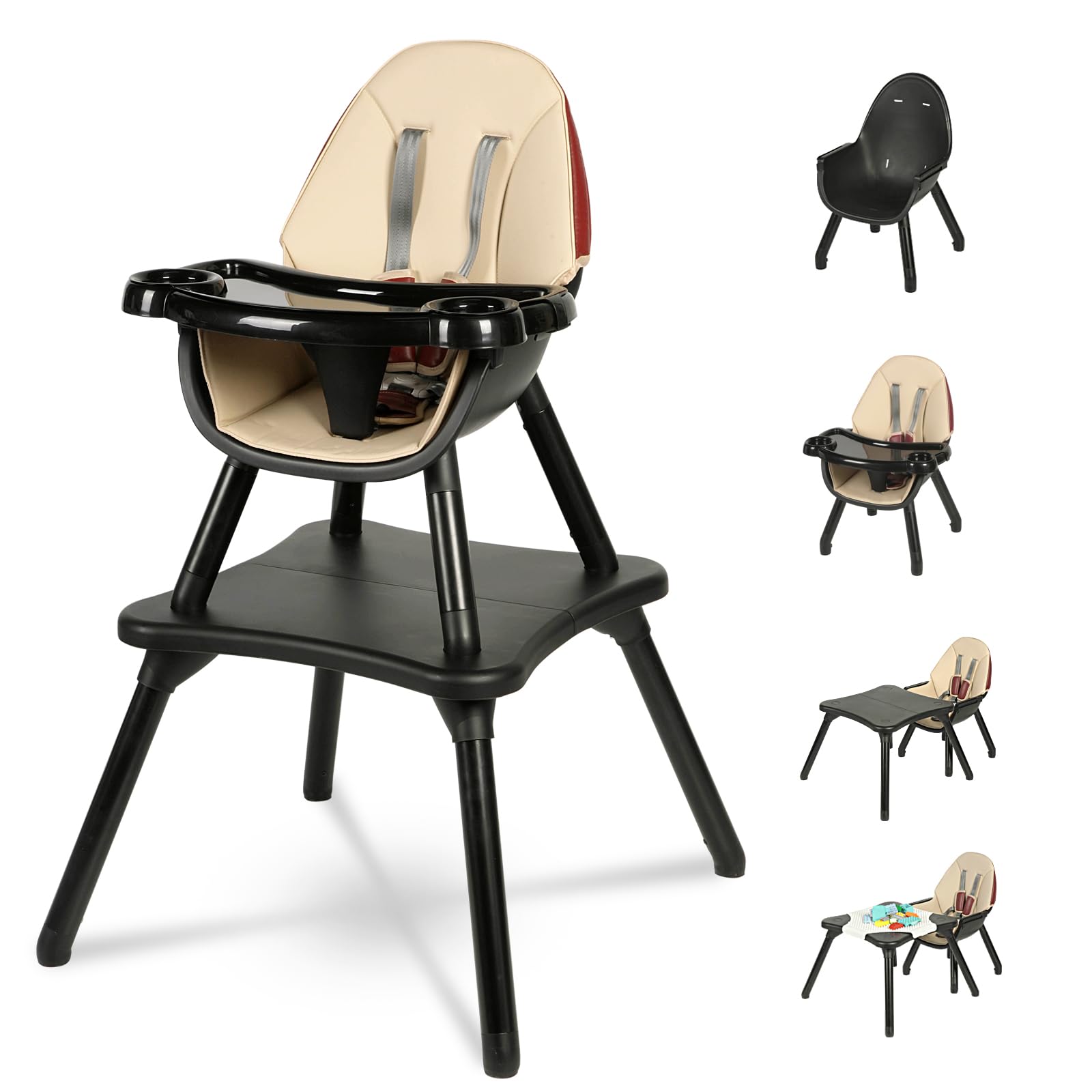 Gofirst 6-in-1 Convertible Baby High Chair with 5-Point Harness - Toddler Booster Seat, Feeding Chair & Table Set - Adjustable 4-Position Removable Tray & PU Cushion - Perfect for Dining, Weaning & Playtime