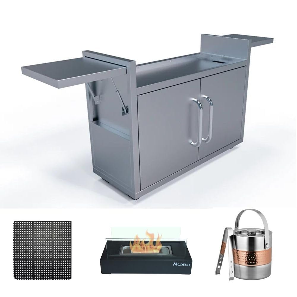 AMS Fireplace Le Griddle - Built-in Gas Griddle with Freestanding Cart for The Big Texan Griddle | Stainless Steel Construction, Folding Shelves, Double Door Access & Caster Wheels | Includes Rubber Mat | Perfect for Outdoor Cooking, Backyard BBQs & Commercial Kitchens