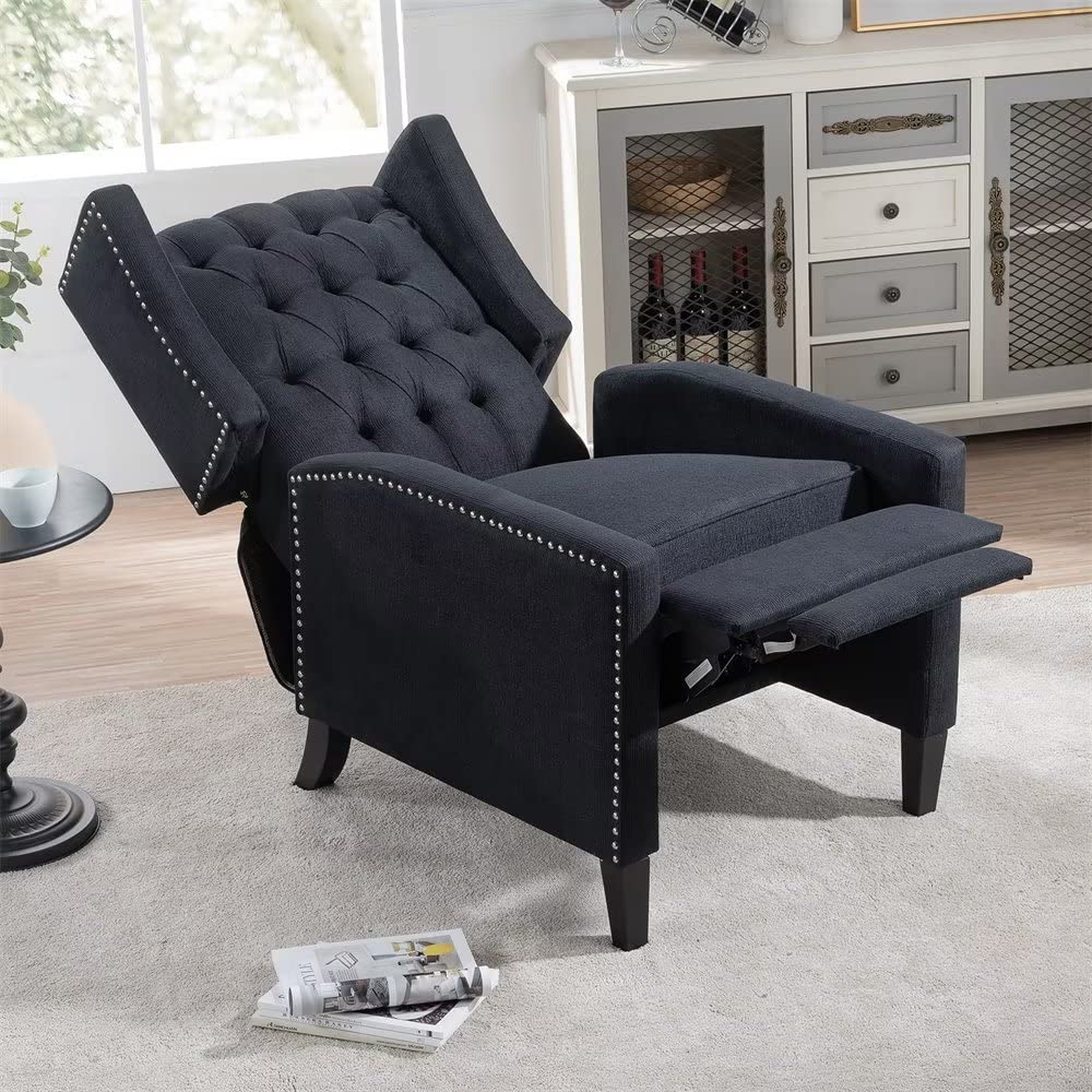 Modern Wingback Pushback Recliner Chair - Linen Upholstered Manual Recliner with Button Tufted Back, Nailhead Trim & Adjustable Backrest/Footrest - Single Sofa for Living Room, Home Theater & Relaxation (Black)