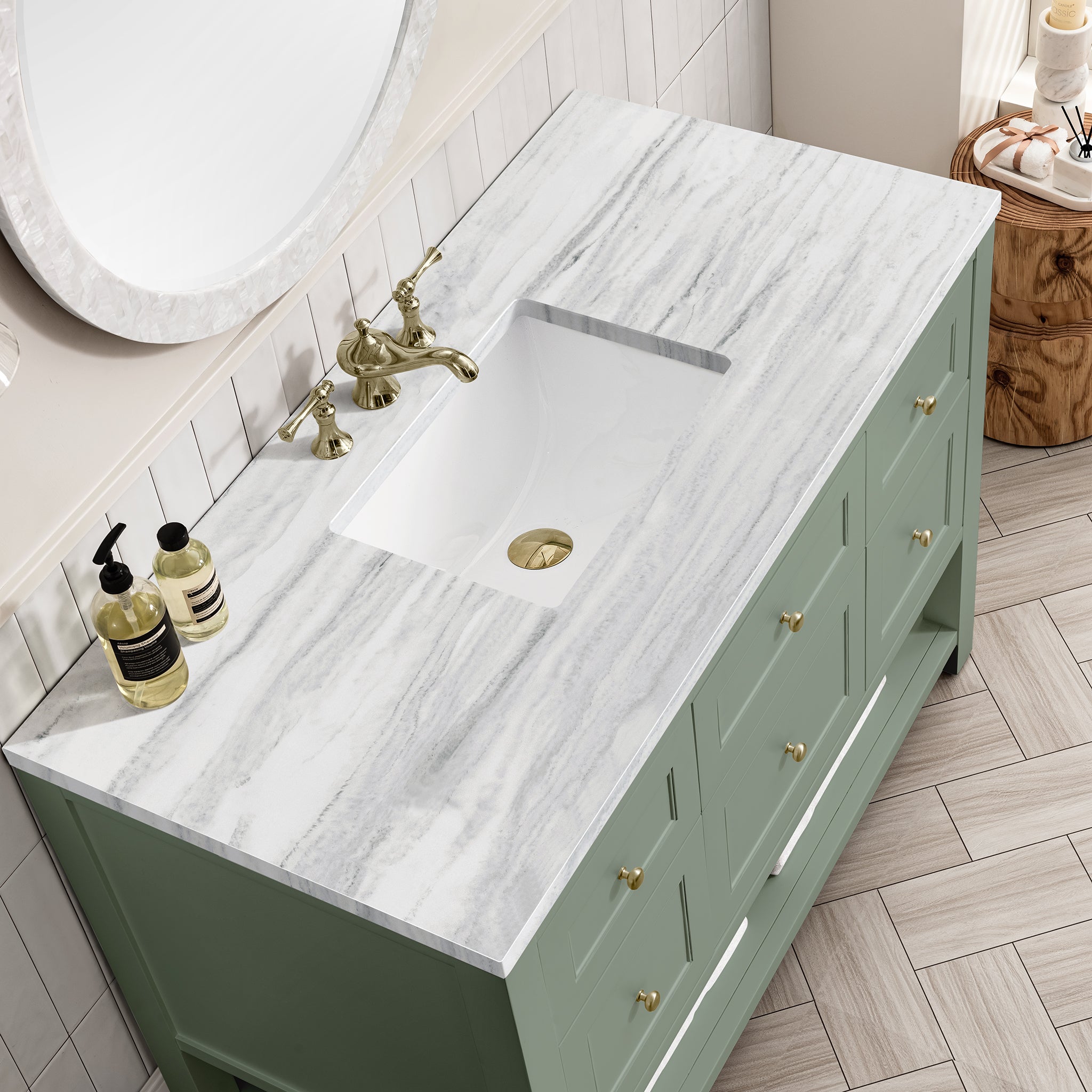 Breckenridge 48 Inch Single Bathroom Vanity with Smokey Celadon Finish and 3CM Arctic Fall Quartz Top - Perfect for Modern Master Bathrooms and Guest Bath Remodels
