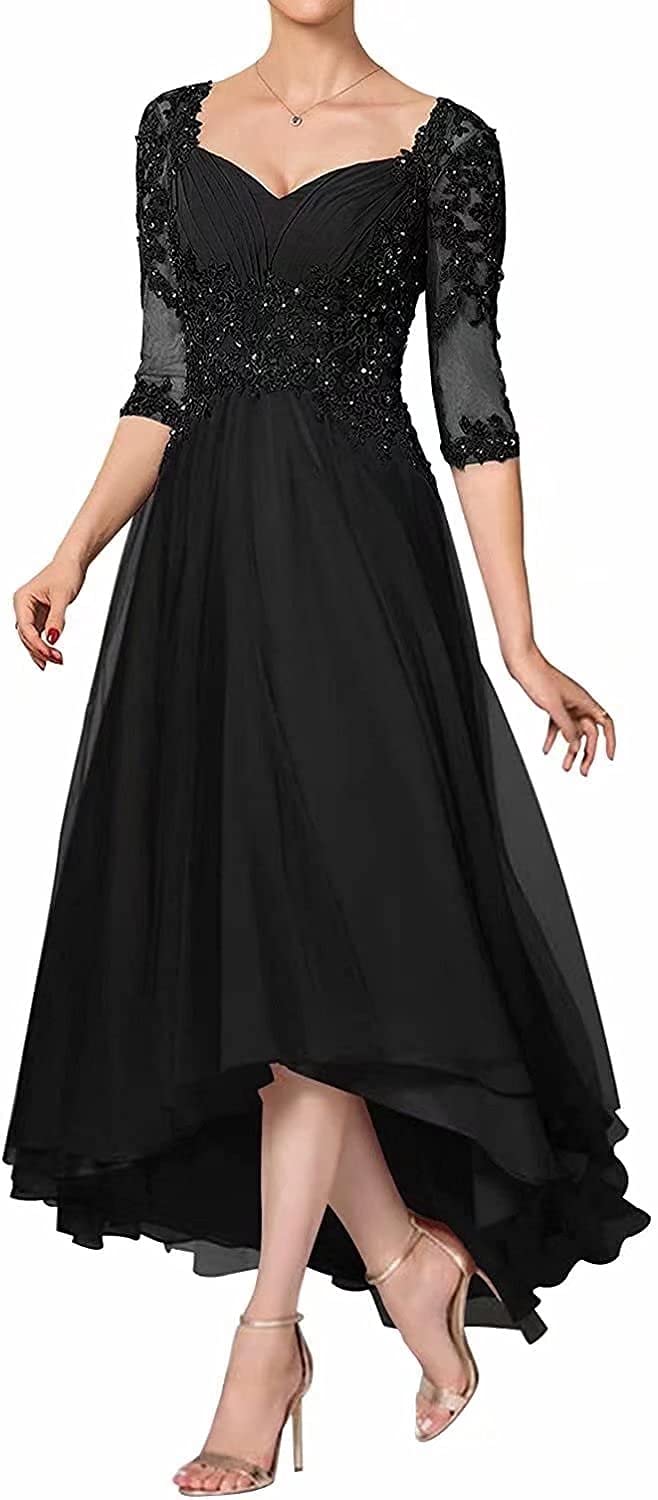Elegant Lace Appliques Mother of The Bride Dress - High Low Chiffon Formal Evening Gown with 3/4 Sleeves - Perfect for Weddings, Galas & Special Occasions