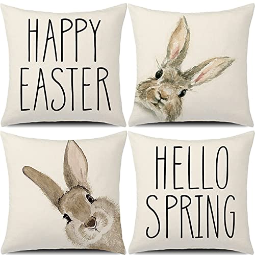 GTEXT Set of 4 Easter Bunny Pillow Covers 18x18 Inches - Happy Easter Decor, Spring Home Decor, Farmhouse Cushion Covers for Sofa, Bed, Living Room & Easter Party Decorations