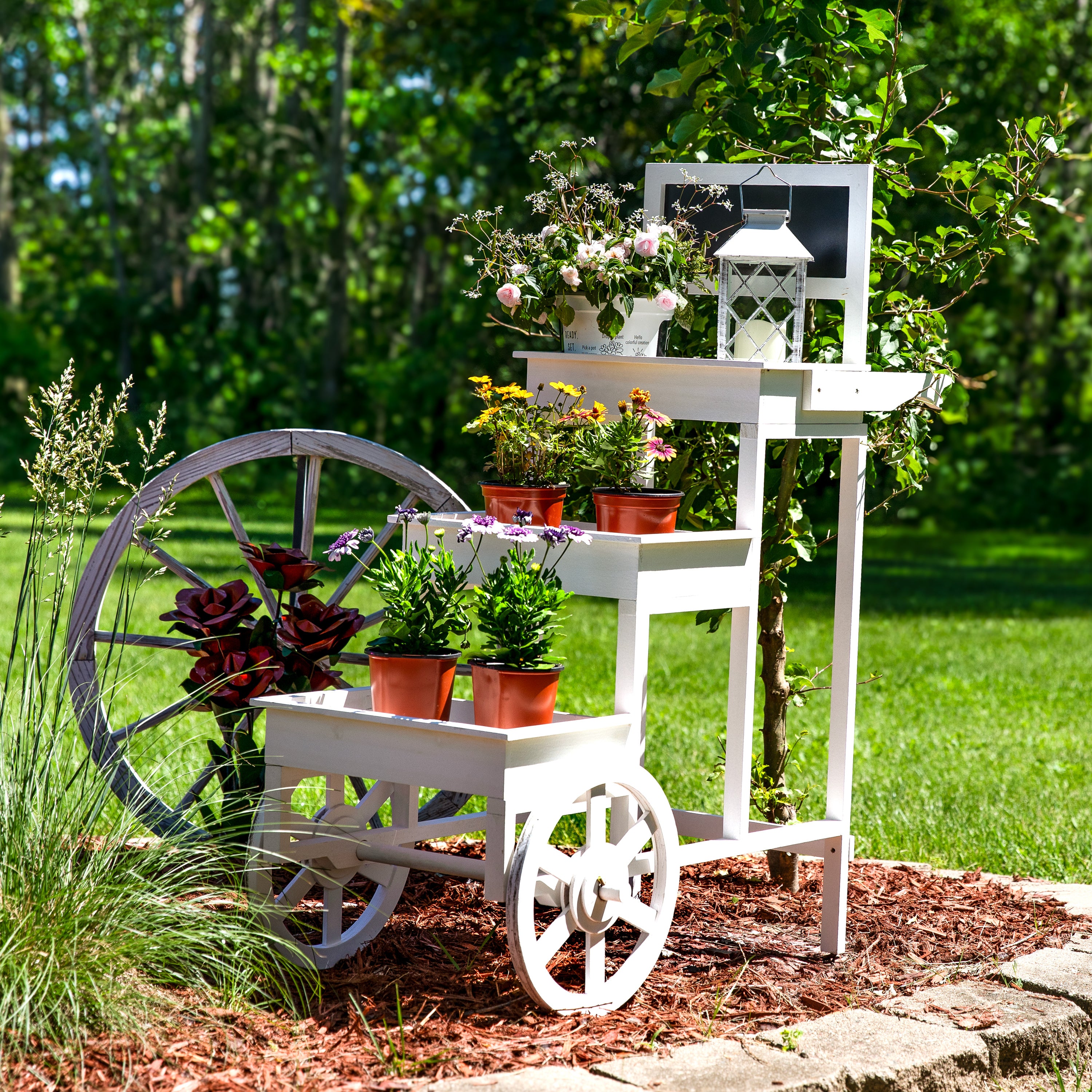 Sunnydaze 3-Tier Rolling Flower Cart Display Stand - White Metal Garden Plant Holder for Indoor & Outdoor Decor, Patio, Balcony, or Greenhouse Use