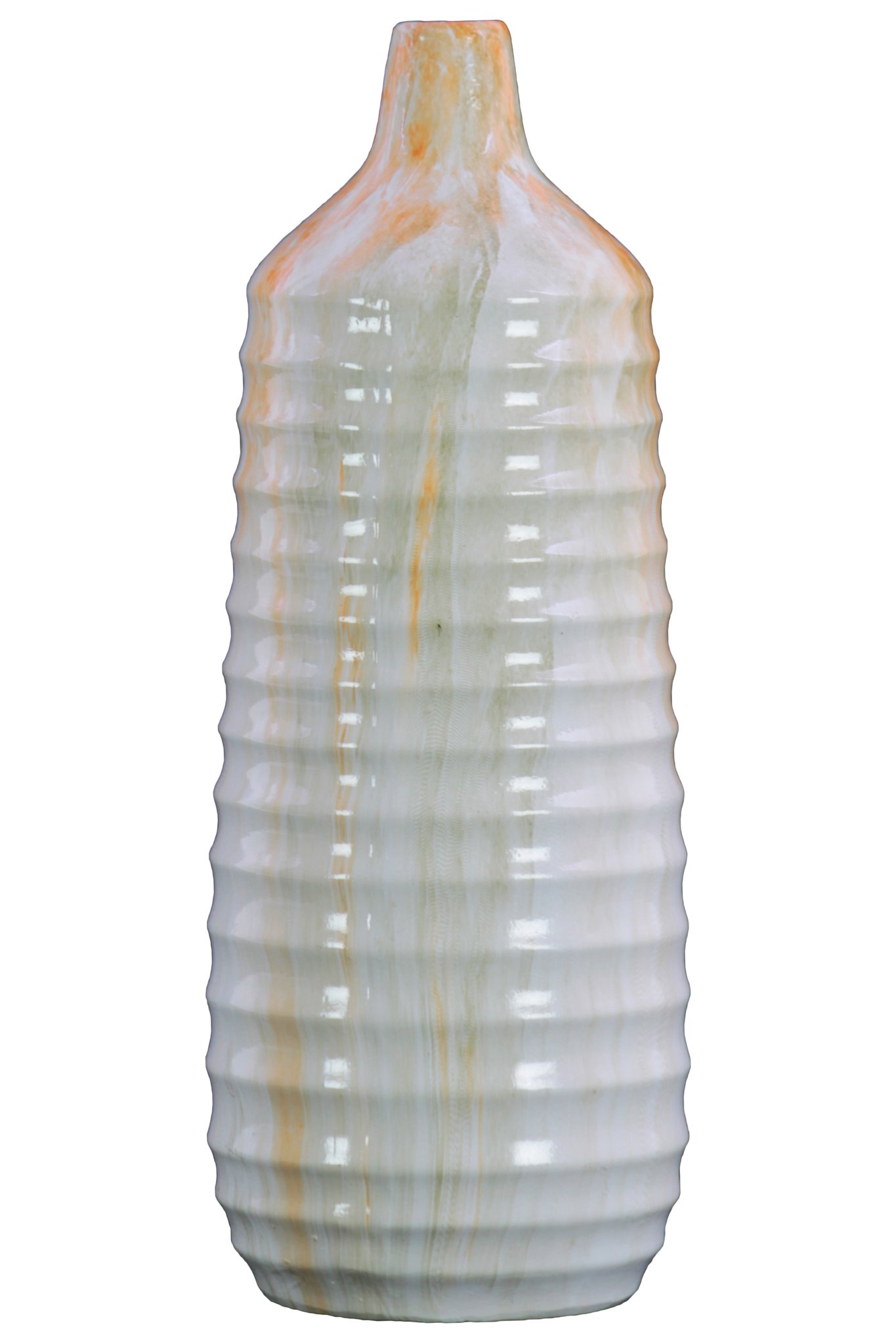 Ceramic Tall Bottle Vase with Ribbed Texture and Short Neck - Marbleized White Home Decor for Living Room, Dining Table, or Wedding Centerpiece