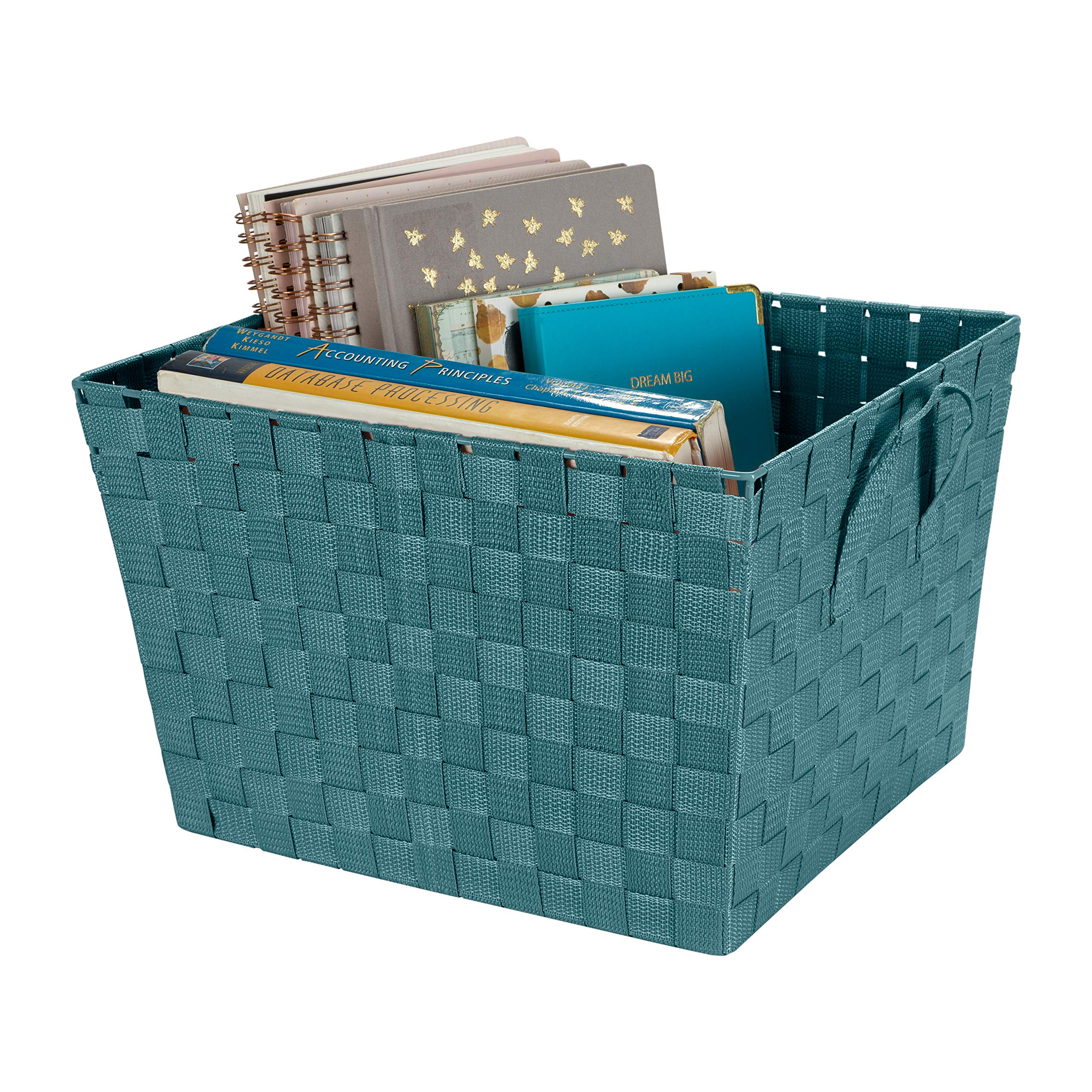 Large Woven Strap Tote Basket - 2 Pack Storage Organizer with Handles for Closet, Bedroom, Bathroom & Nursery | Perfect for Toys, Accessories & Gifts | Sapphire Blue Home Decor