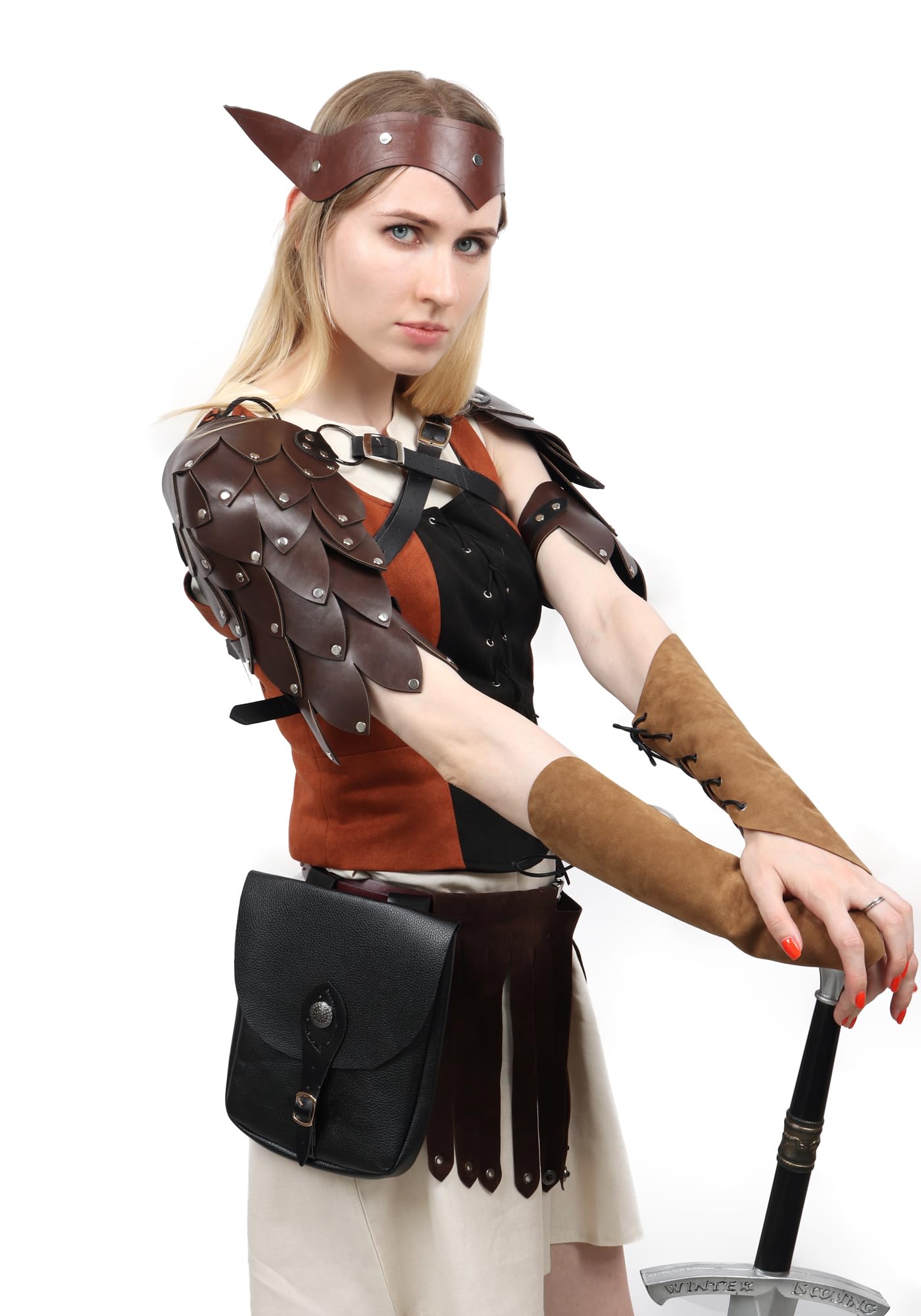 FURPHI Medieval PU Leather Headband - Vintage Unisex Adjustable Fantasy Costume Headpiece with Rivet (Brown) for Renaissance Fairs, LARP, Cosplay & Halloween Costumes