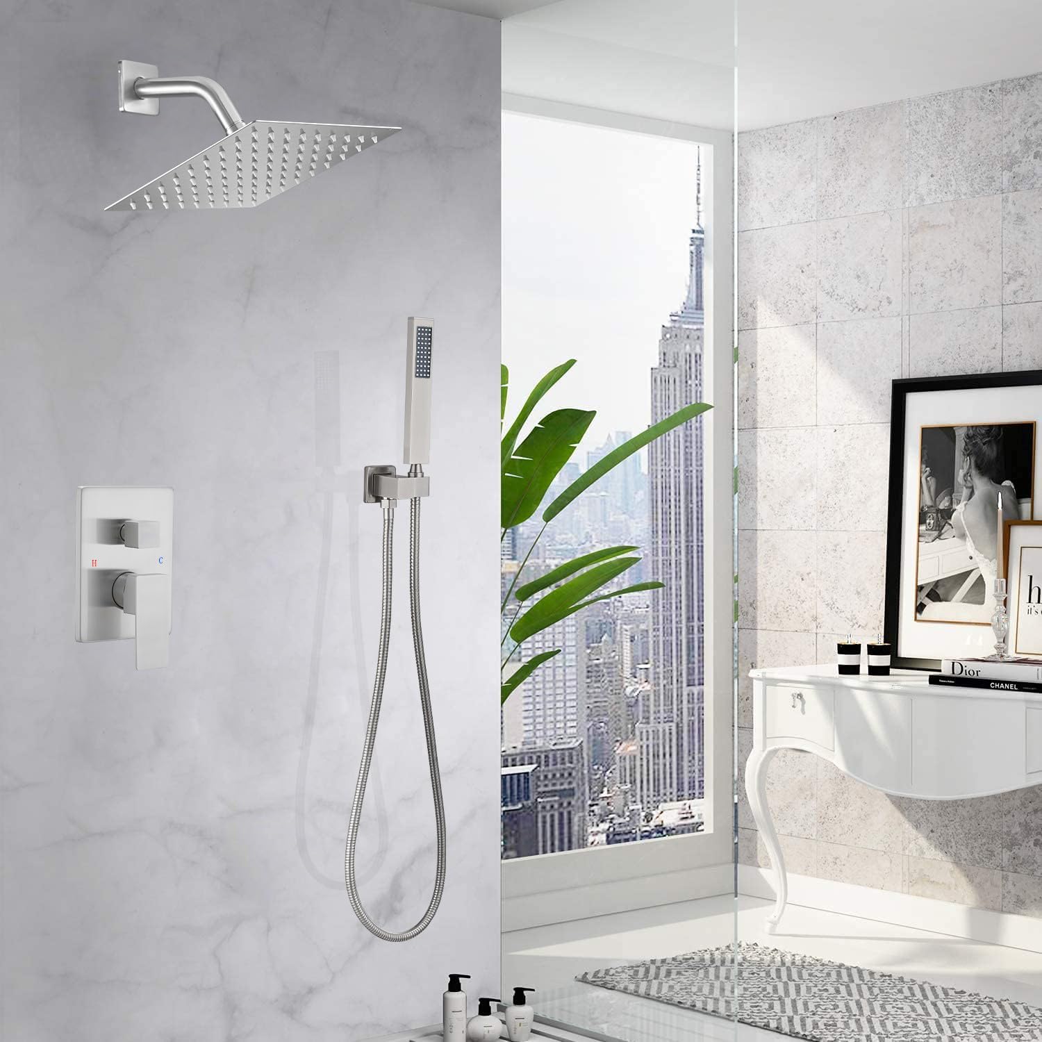Brushed Nickel Rainfall Shower System - 8 Inch Wall Mounted Shower Head with Handle, Rough-in Valve & Trim Kit | Modern Bathroom Upgrade for Spa-Like Experience