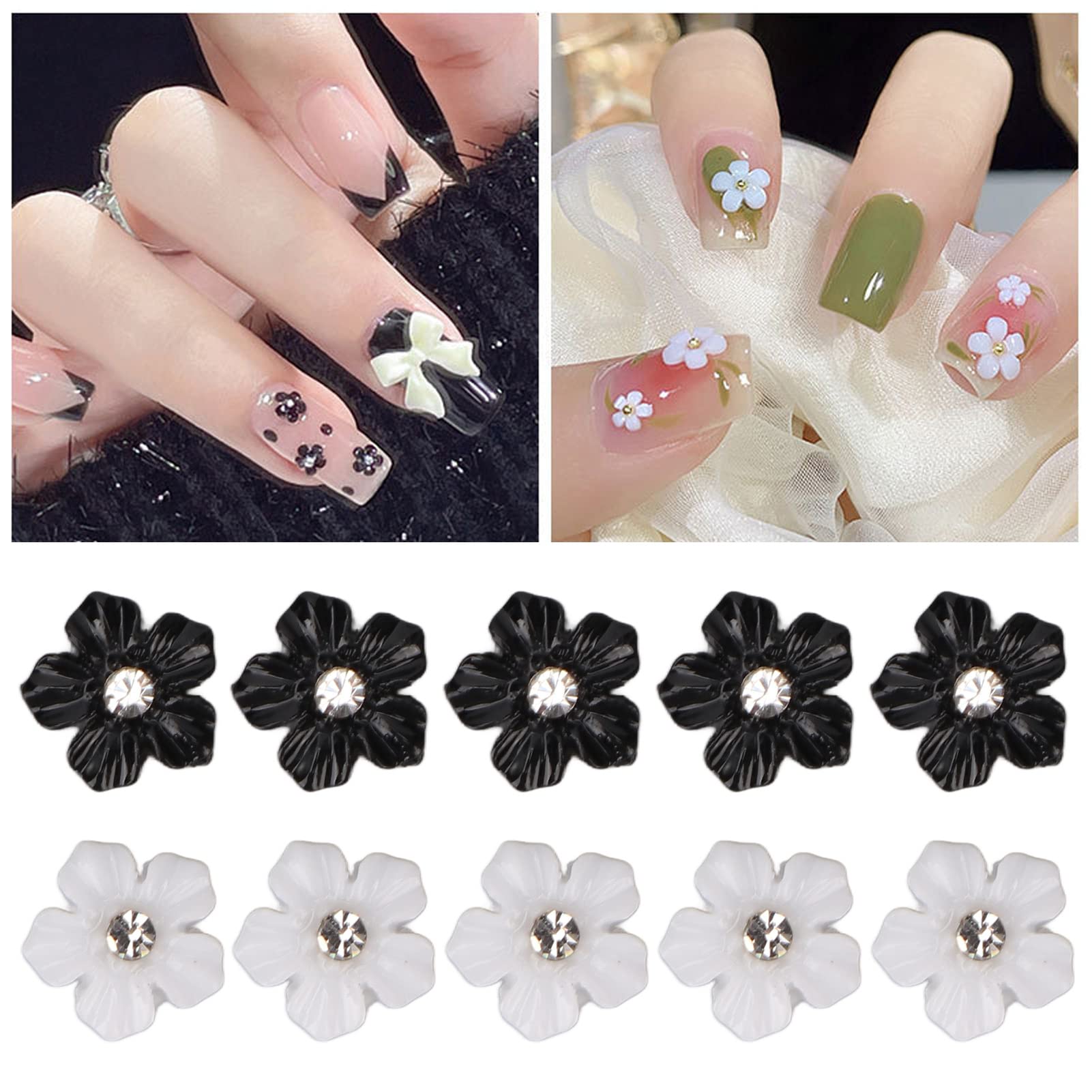 3D Flower Nail Art Decorations - Black & White 5 Petal for DIY Manicure