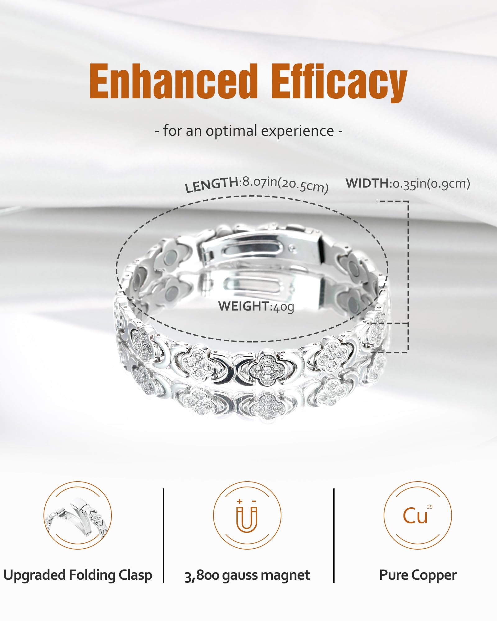 Jecanori Copper Magnetic Bracelet for Women - 3500 Gauss Magnets for Pain Relief & Healing, Four-Leaf Clover Design (Silver) - Perfect for Arthritis, Joint Pain & Wellness Therapy