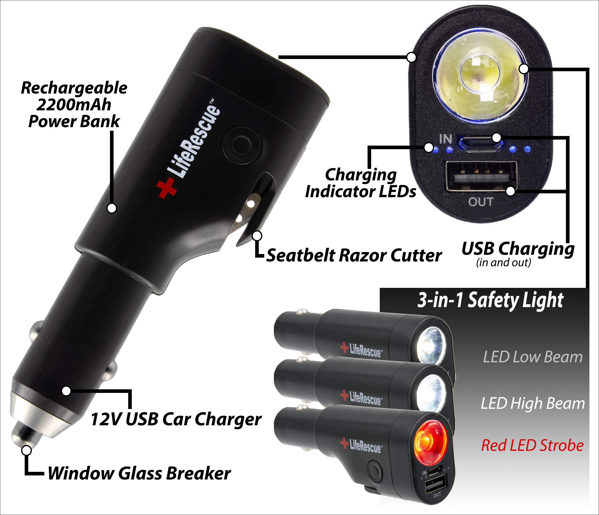 6-in-1 Car Emergency Escape Tool with LED Light - Seat Belt Cutter, Window Breaker Hammer, 3-Mode Flashlight & 2200mAh Power Bank for Roadside Emergencies, Camping, and Outdoor Adventures