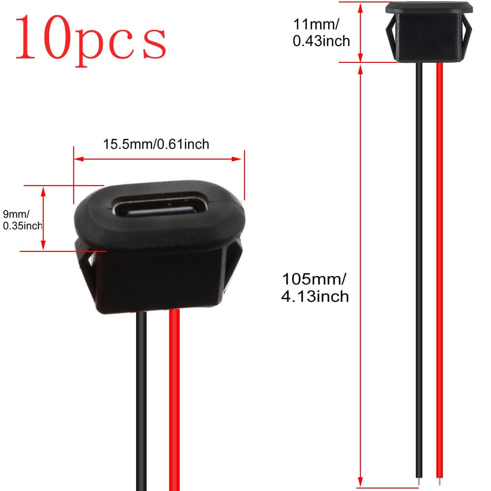 10PCS USB C Female Chassis 2Pin Soldering Jack - Waterproof Type C Pigtail Cable Extension, Power Cable with Micro USB Panel Mount Connector (Black) - Perfect for DIY Electronics, Car Audio & Home Automation Projects