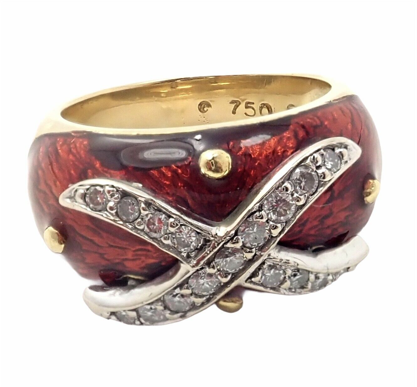 Authentic 18K Yellow Gold Red Enamel & Diamond Ring Size 5 - Elegant Hidalgo Jewelry for Weddings, Anniversaries & Special Occasions