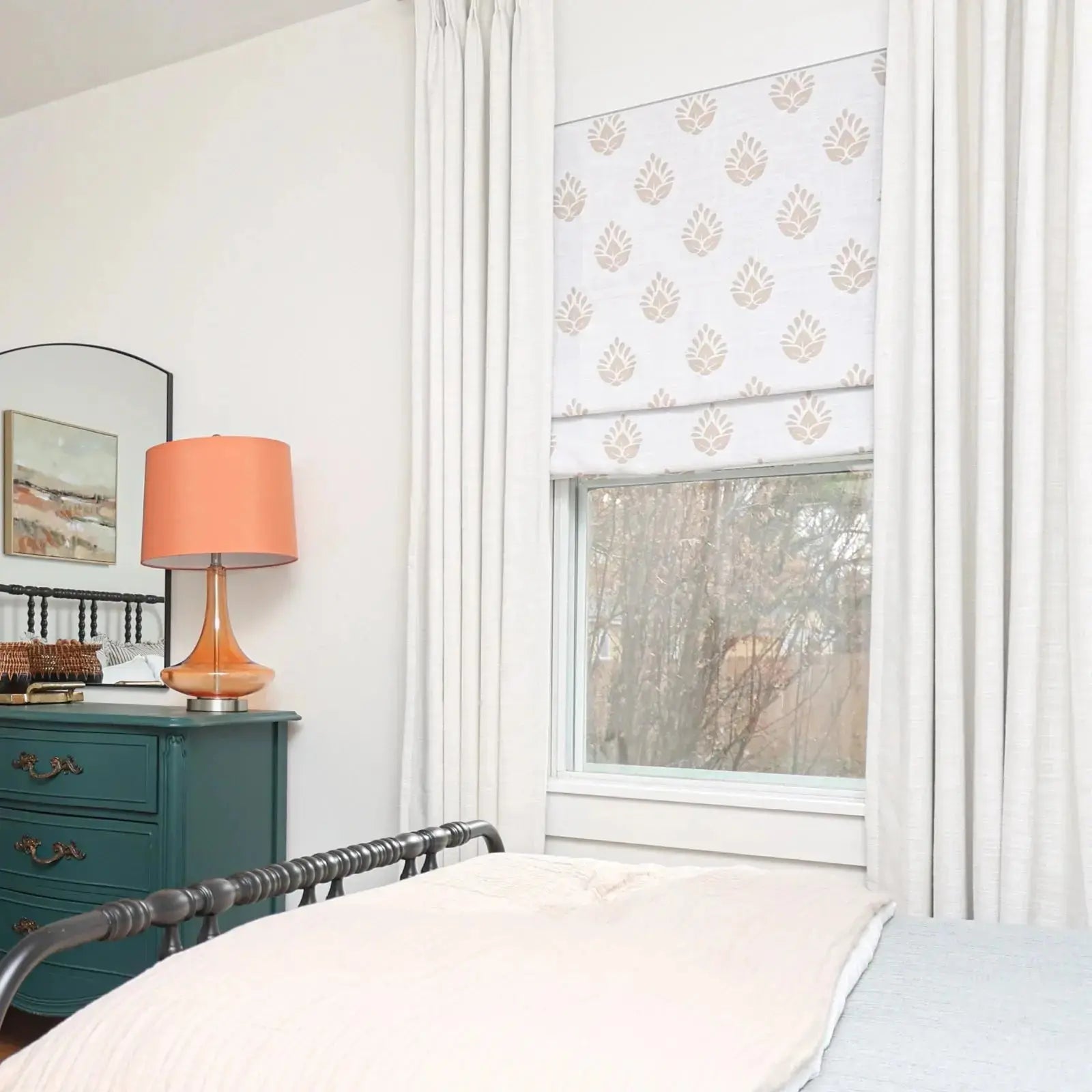 Stefana Silver Printed Roman Shade Cord Lift - Elegant Window Treatment for Living Room & Bedroom