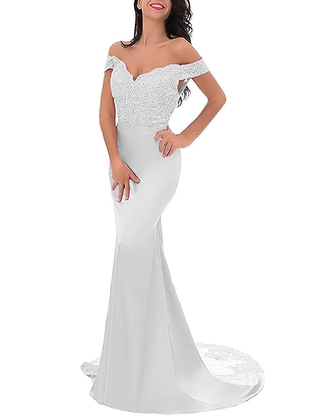 Honeydress Women's Lace Applique Mermaid Evening Gown - Long Satin Off Shoulder Formal Dress for Wedding, Prom & Special Occasions