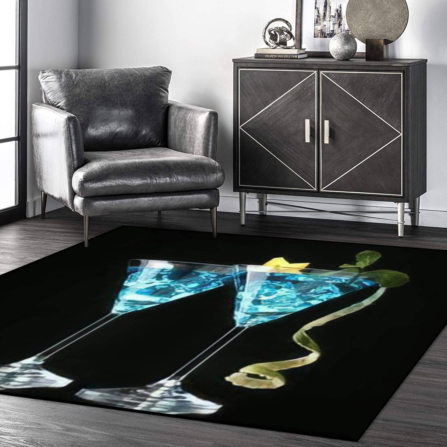 Non-Slip Indoor/Outdoor Area Rug - Blue Cocktail Martini Glass Design on Black Background - Soft Floor Mat for Living Room, Coffee Table, Chair - Home Decor Gift for Housewarming & Parties