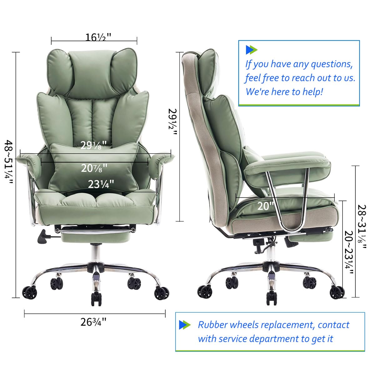 Efomao Big and Tall Office Chair 400lbs - Heavy Duty Executive Desk Chair with Footrest, PU Leather Computer Chair for Heavy People - Light Green Ergonomic Home Office Chair for Working, Gaming & Studying