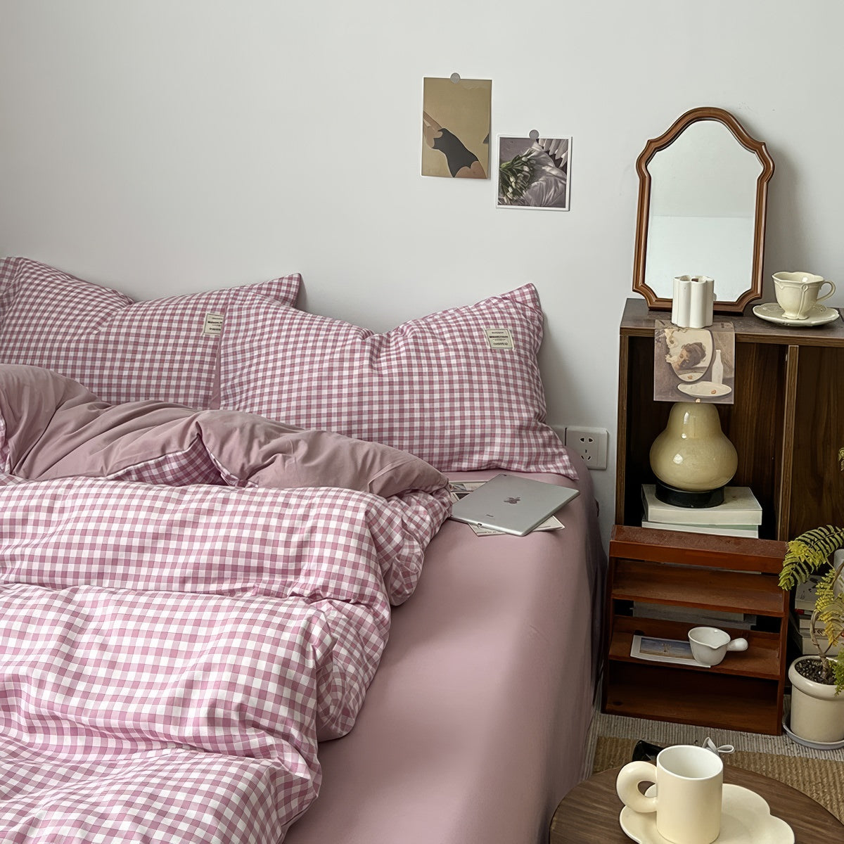Stylish Dusty Purple Gingham Bedding Set - Queen Size 4-Piece Comforter Set with Pillow Shams - Soft Breathable Cotton for Cozy Bedroom Decor & Farmhouse Aesthetic