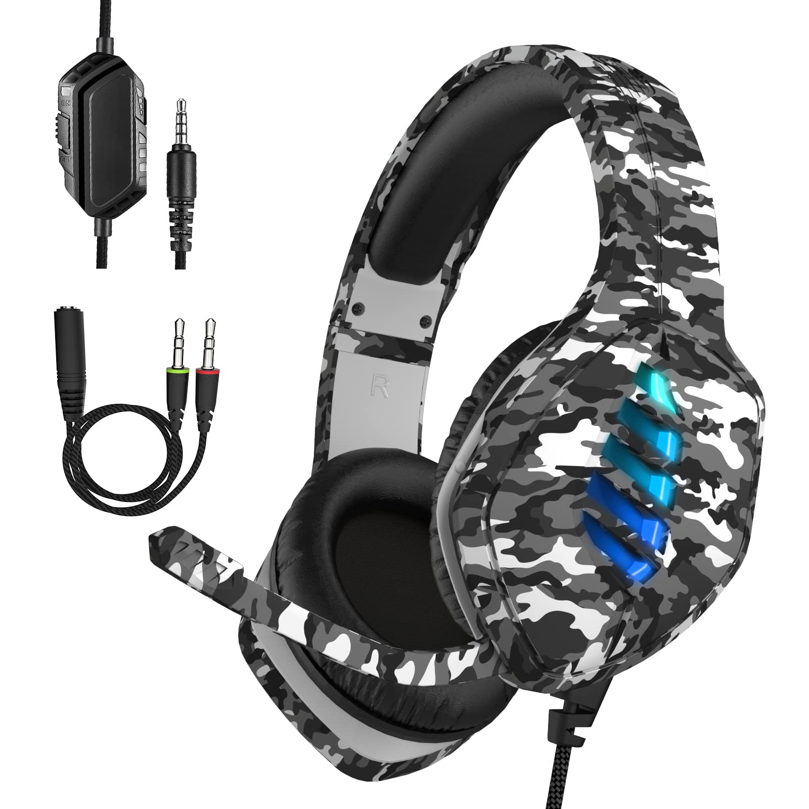 Premium Gaming Headset with Noise-Canceling Microphone - Compatible with PC, PS4, PS5, Nintendo Switch, Xbox One & Series X|S - 3.5mm Wired Over-Ear Headphones in Camo Black - Perfect for Competitive Gaming, Streaming & Online Chat