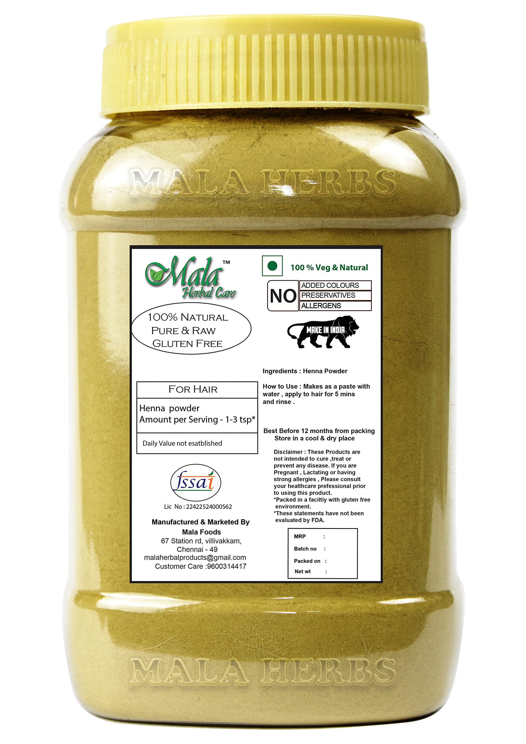 Natural Mala Henna Powder 200g - Organic Maruthani Powder for Hair Coloring, Growth & Conditioning | Safe, Chemical-Free Hair Dye | Perfect for DIY Hair Treatments, Bridal Hair Care & Ayurvedic Practices