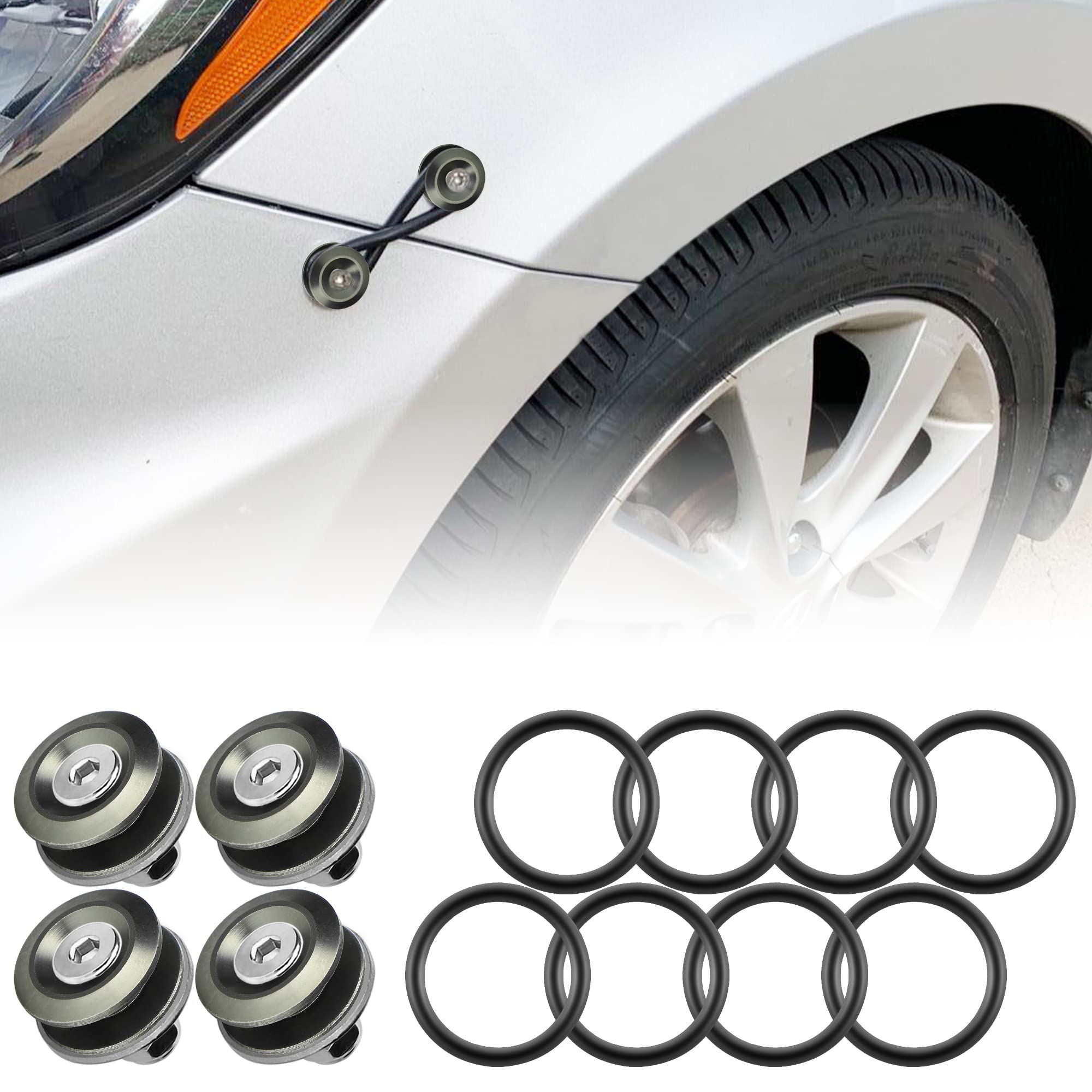 JDM Quick Release Bumper Fasteners Kit - 4 Piece Front & Rear Bumper Clips with 8 O-Rings (Gray) - Perfect for Car Modifications, Body Kits, and Custom Automotive Projects