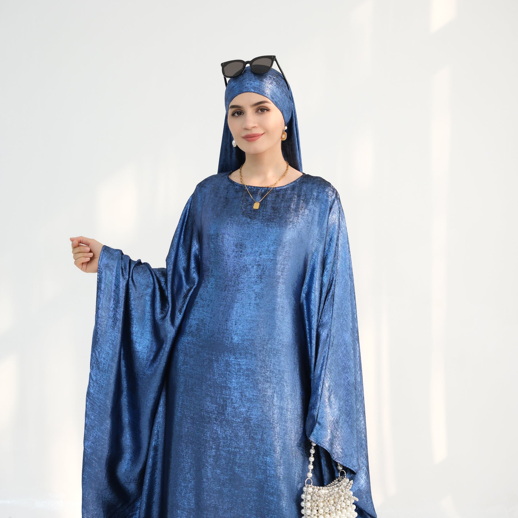 Linora Shimmer Butterfly Abaya Dress for Women - Elegant Blue Islamic Prayer Gown for Mosque, Eid, and Special Occasions