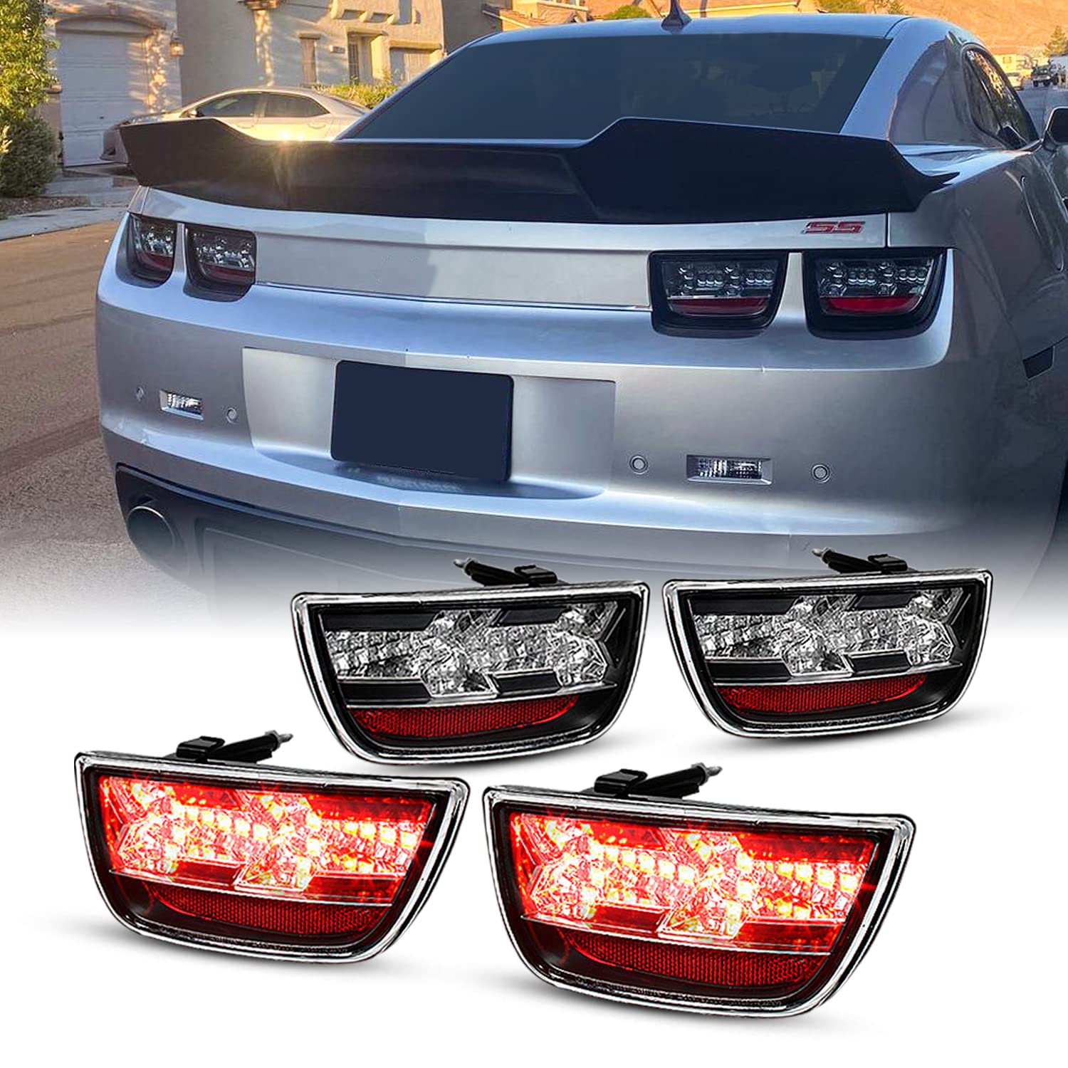 AKKON Full LED Tail Lights Brake Lamps Replacement Pair for 2010-2013 Chevy Camaro - Black, Left + Right (4pcs) - Upgrade Your Ride with Enhanced Visibility & Style for Night Driving & Car Shows