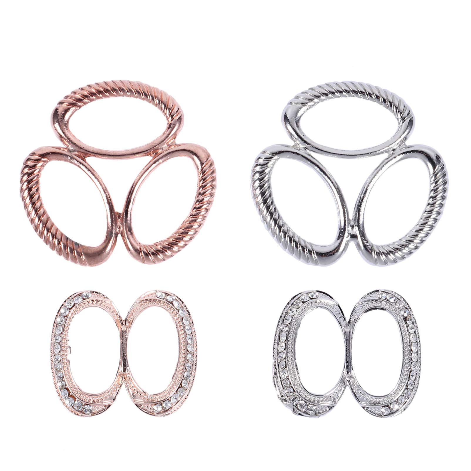 Amosfun 4Pcs Rhinestone Scarf Clips - Gold & Silver Scarf Rings, Wrap Holders for Silk Scarves, Neckerchiefs, Shawls & T-Shirts - Elegant Fashion Accessories for Women's Outfits & Special Occasions