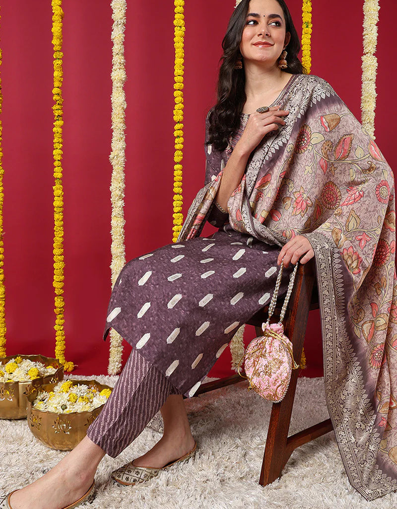 Blended Silk Ready-Made Suit Set with Dupatta - Congo Brown Straight Pant for Women | Elegant Ethnic Wear for Weddings & Festivals