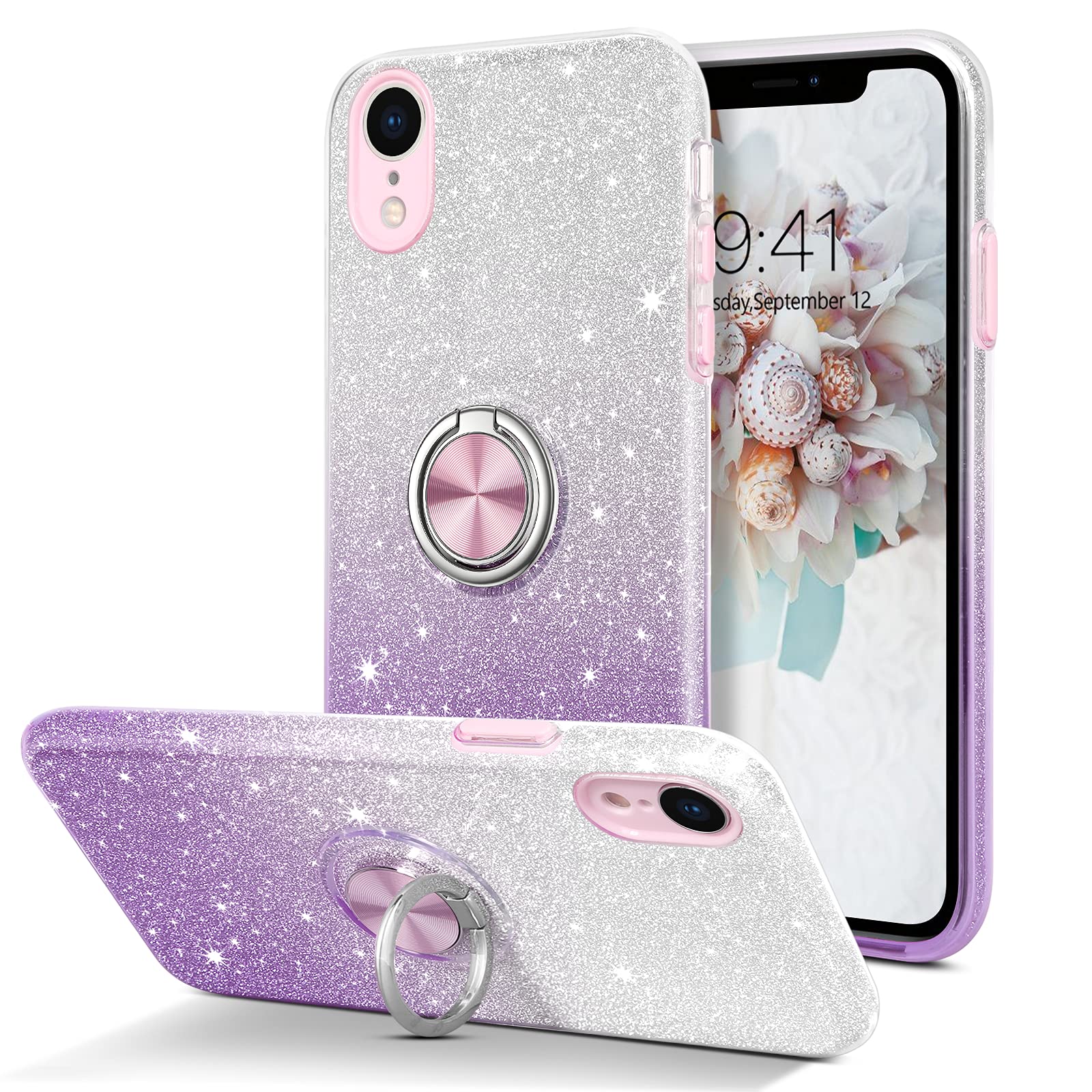 Sparkly Glitter iPhone XR Case with 360° Ring Holder & Kickstand - Soft TPU Full Body Protective Cover for Girls & Women (Purple) - Perfect for Daily Use, Car Mount & Hands-Free Viewing
