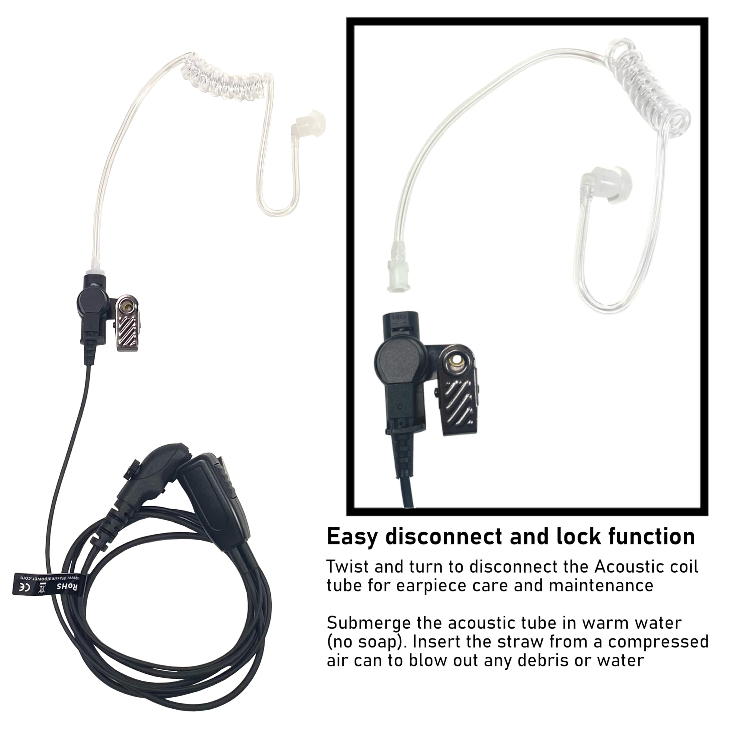 MaximalPower HYTERA HYT Single Wire 2-Pin Radio Earpiece Headset with PTT Mic & Clear Coil Tube - Perfect for Two-Way Radios, Security, Construction & Outdoor Communication