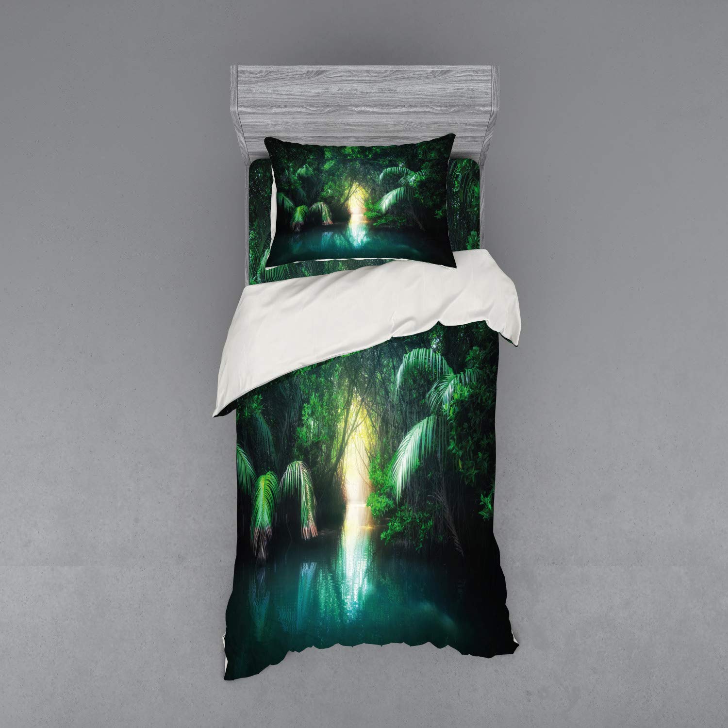Ambesonne Jungle Duvet Cover Set | Tropical Lake Mangrove Rainforest Design | 3-Piece Bedding Set with Pillow Sham & Fitted Sheet | Twin XL Size | Green Teal | Perfect for Nature-Themed Bedrooms, Vacation Homes & Tropical Decor