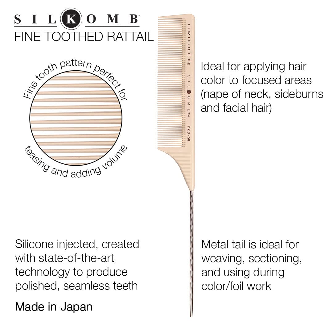 Cricket Silkomb Pro-50 Fine Tooth Rattail Comb for Hair Styling - Professional Metal Tail Comb for Sectioning, Weaving & Detangling - Perfect for Salon Stylists & Home Hair Care (Great for Braiding, Updos & Smooth Styling)