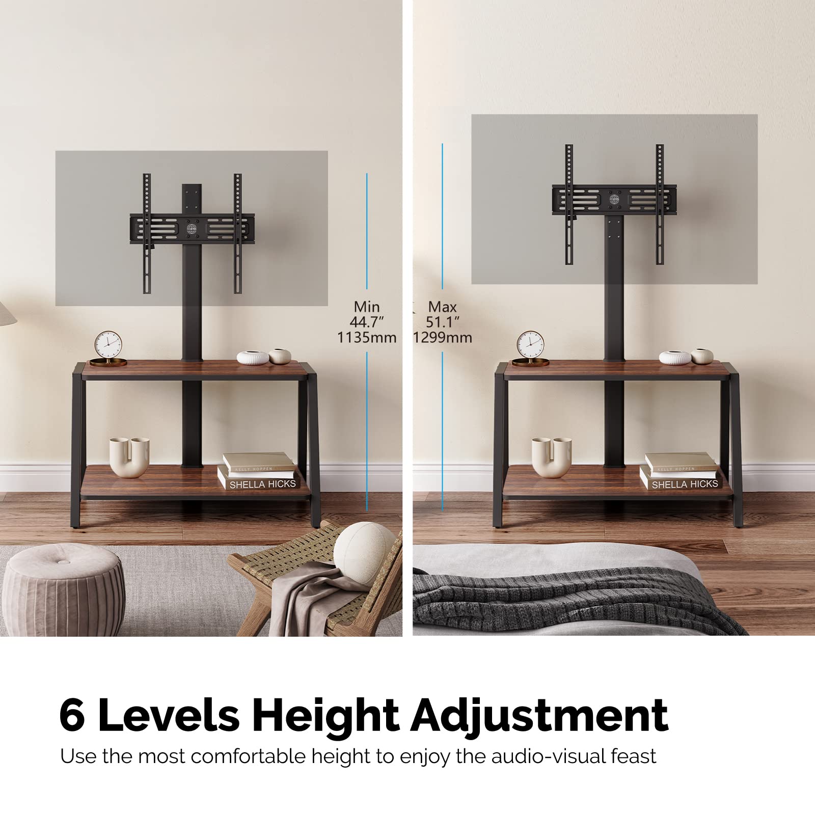 FITUEYES Wooden TV Stand for 32-55 Inch TVs with Mount, 2-Tier Entertainment Center with Storage Shelf - Tall Corner TV Stand for Bedroom & Living Room, Supports Up to 77lbs - Perfect for Flat Screen TVs, Gaming Consoles & Home Theater Setup