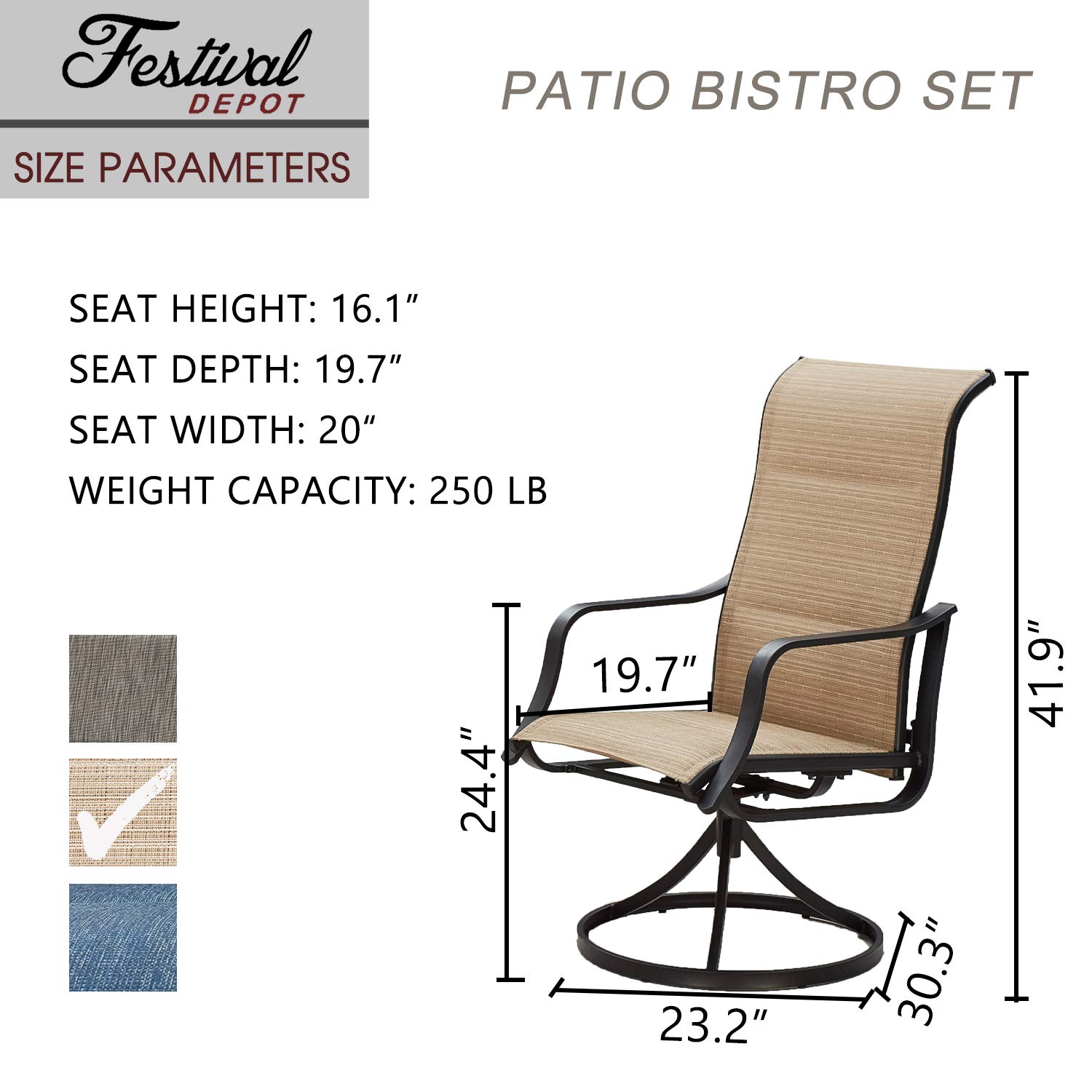 2-Piece Outdoor Bistro Set with 360° Swivel Chairs - Black Metal Frame & Textilene Fabric Patio Dining Furniture for Deck, Garden, Poolside (Beige) | Perfect for Small Spaces, Balcony Breakfast or Backyard Relaxation