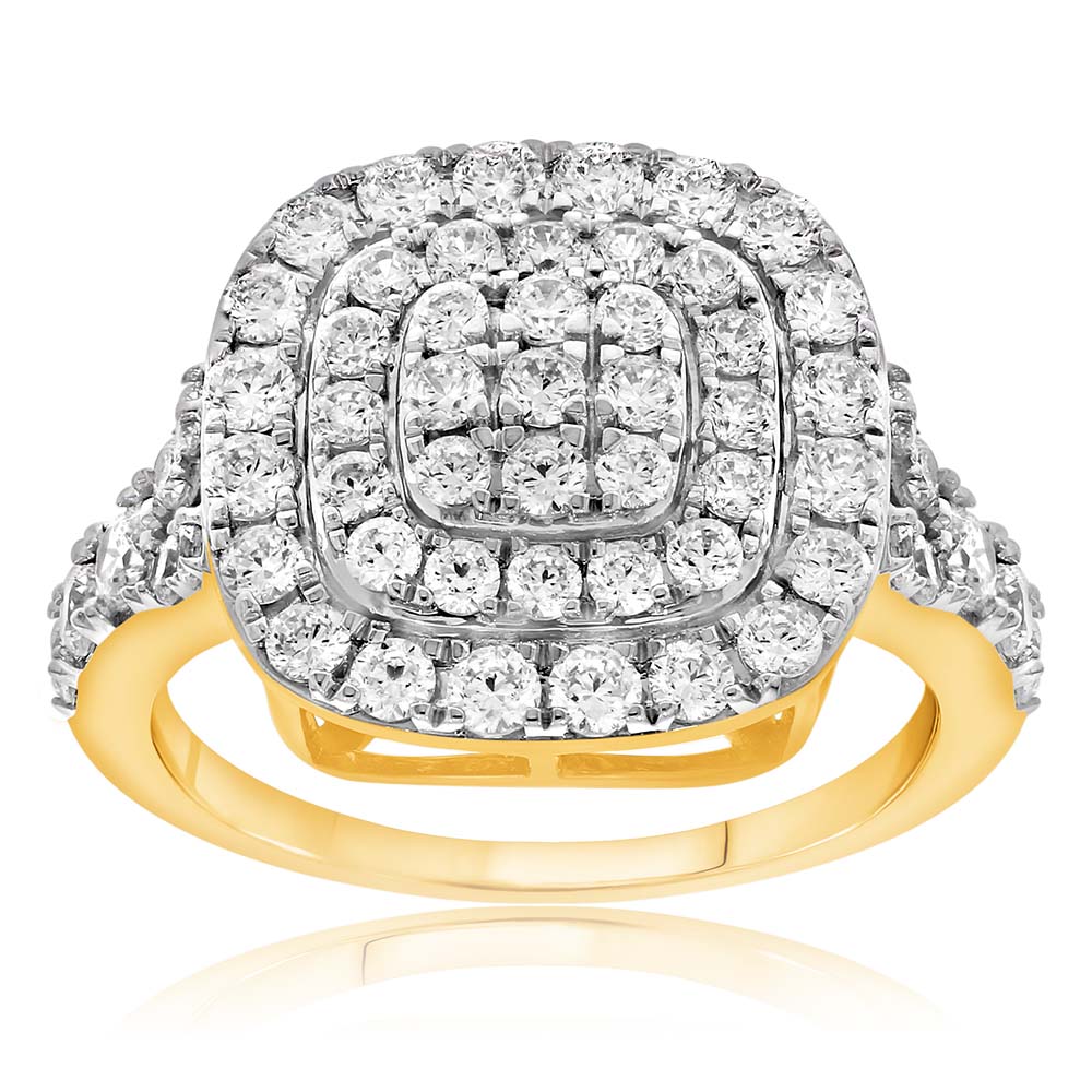 9ct Yellow Gold 2 Carat Diamond Cushion Halo Cluster Ring for Women - Elegant Engagement, Wedding & Anniversary Jewelry Gift