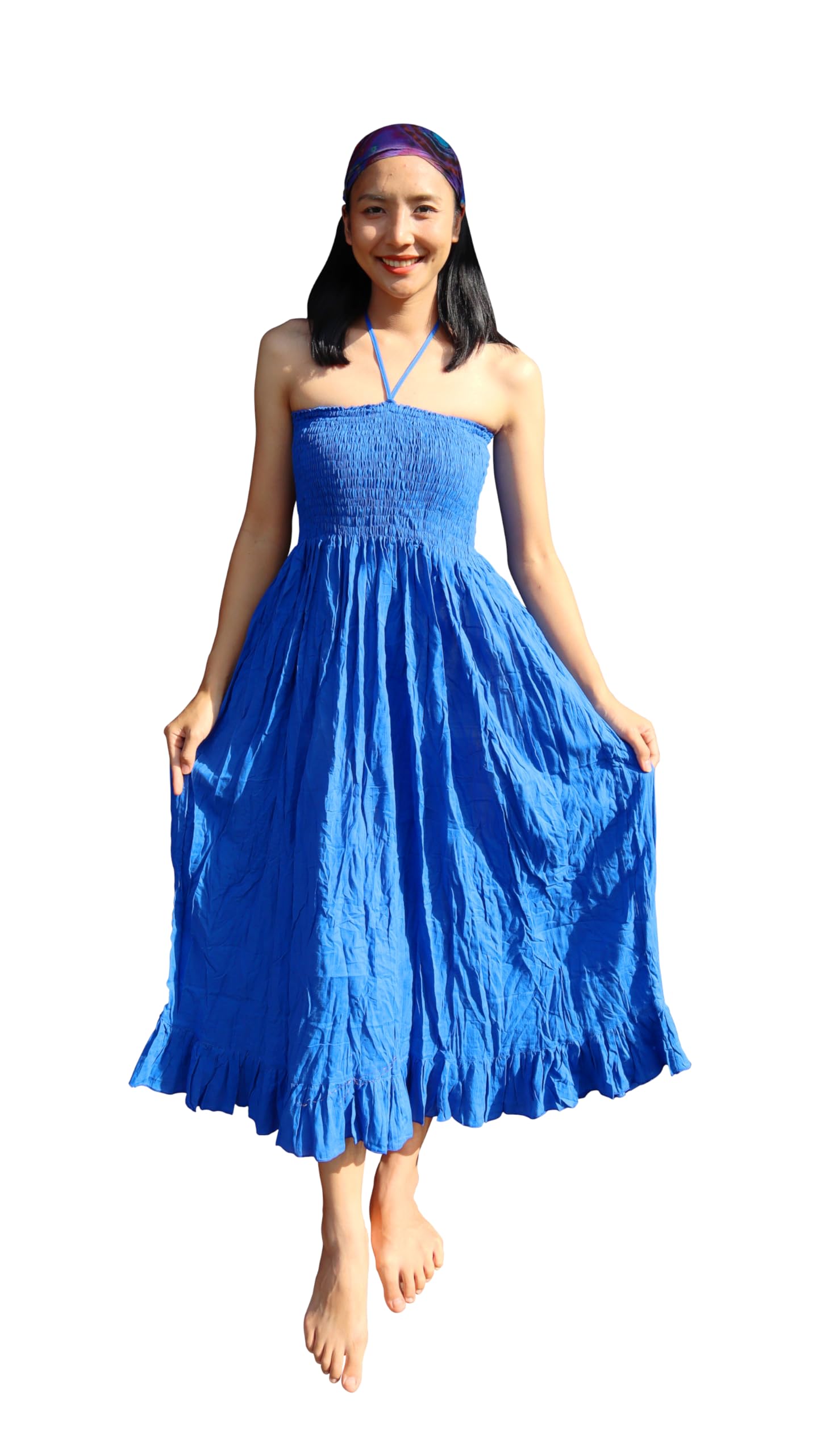 RaanPahMuang Women's Smock Bust Halter Top - Soft Thai Cotton Gypsy Dress in Duke Blue (Size Medium) | Bohemian Summer Outfit for Beach, Festival & Vacation