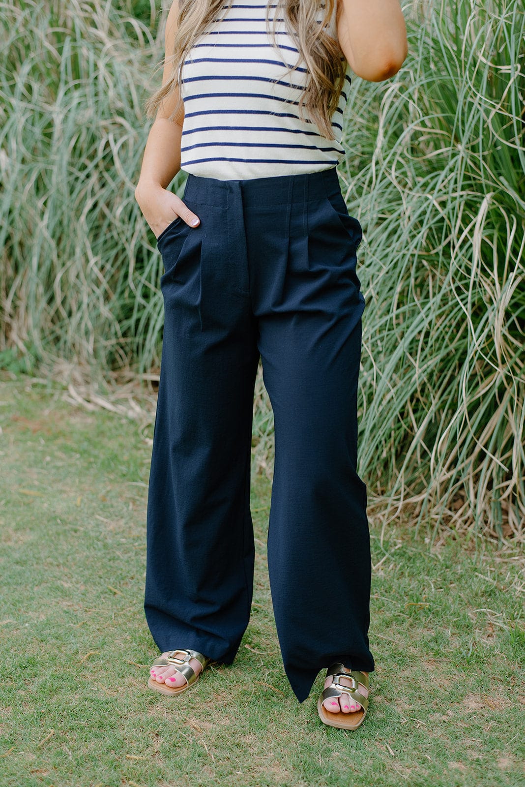 Navy Pleated High Waisted Trousers for Women - Comfortable Office Pants & Business Casual Workwear - Perfect for Professional, Formal, and Everyday Wear