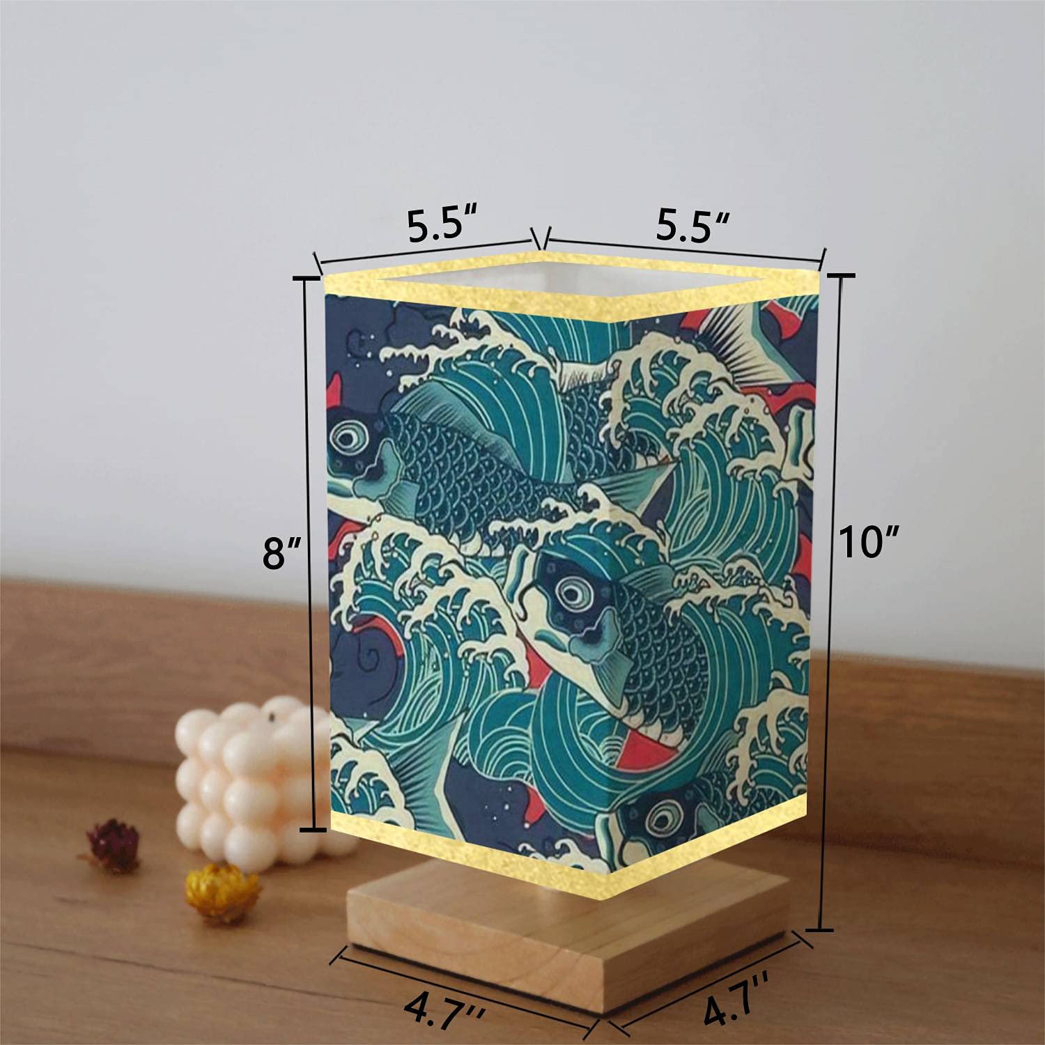 Japanese Koi Carp Fish Wave Pattern Wooden Base Table Lamp - Flaxen Fabric Shade, Dimmable Nightstand Light for Bedroom, Living Room, Office | Perfect for Reading, Relaxing & Creating Cozy Ambiance