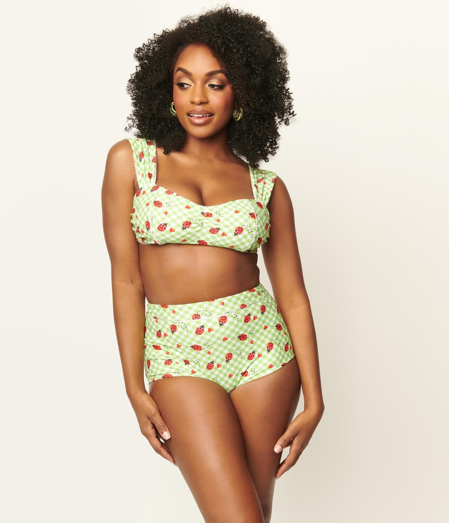 Vintage Green Gingham Ladybug Print Ruched Swim Top - Retro Style Adjustable Bikini Top for Women - Perfect for Beach, Pool, and Summer Vacations