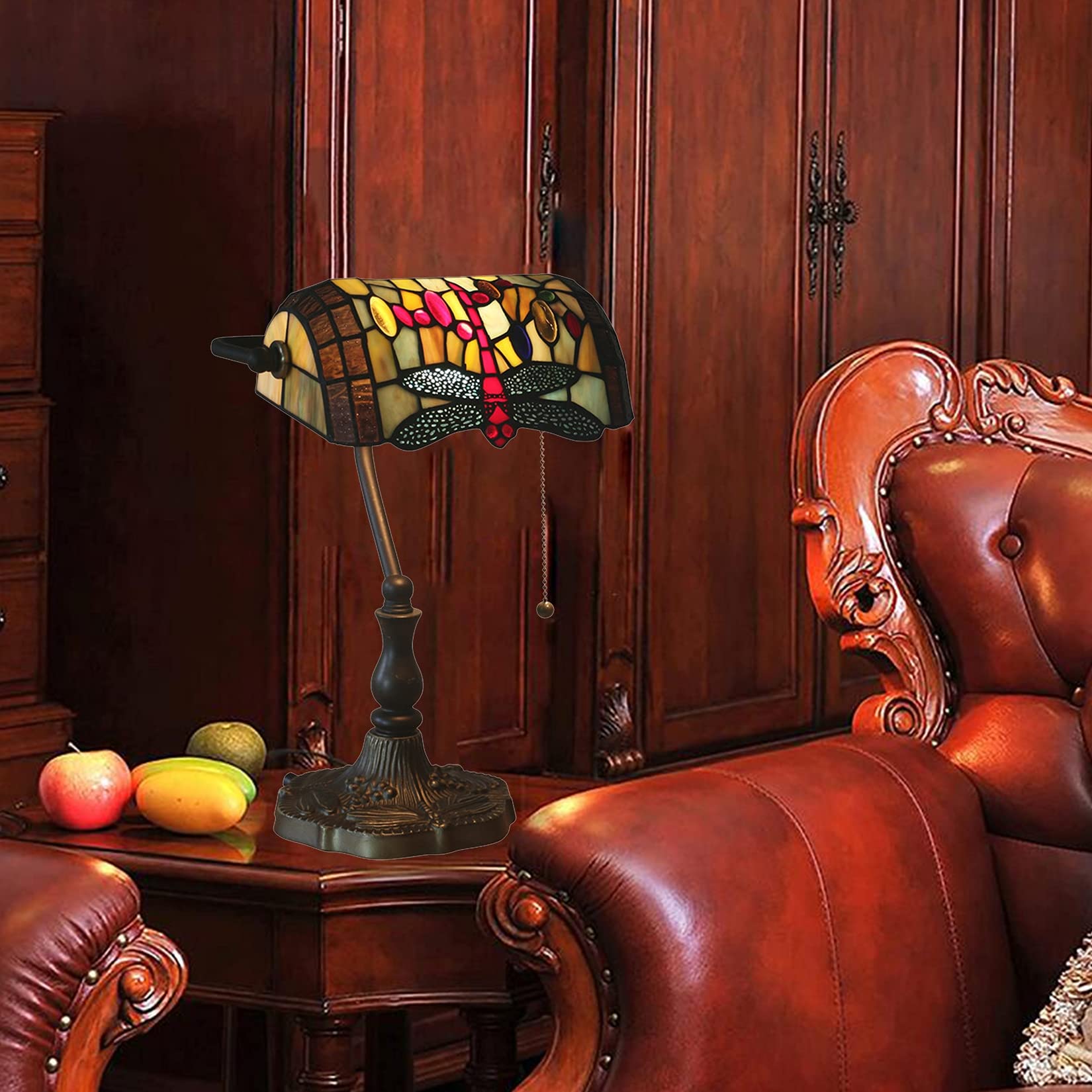Vintage Tiffany Style Bankers Table Lamp - Stained Glass Piano Desk Lamp with Antique Alloy Base & Zipper Switch - Dragonfly Design for Bedroom, Study, Office & Living Room Lighting