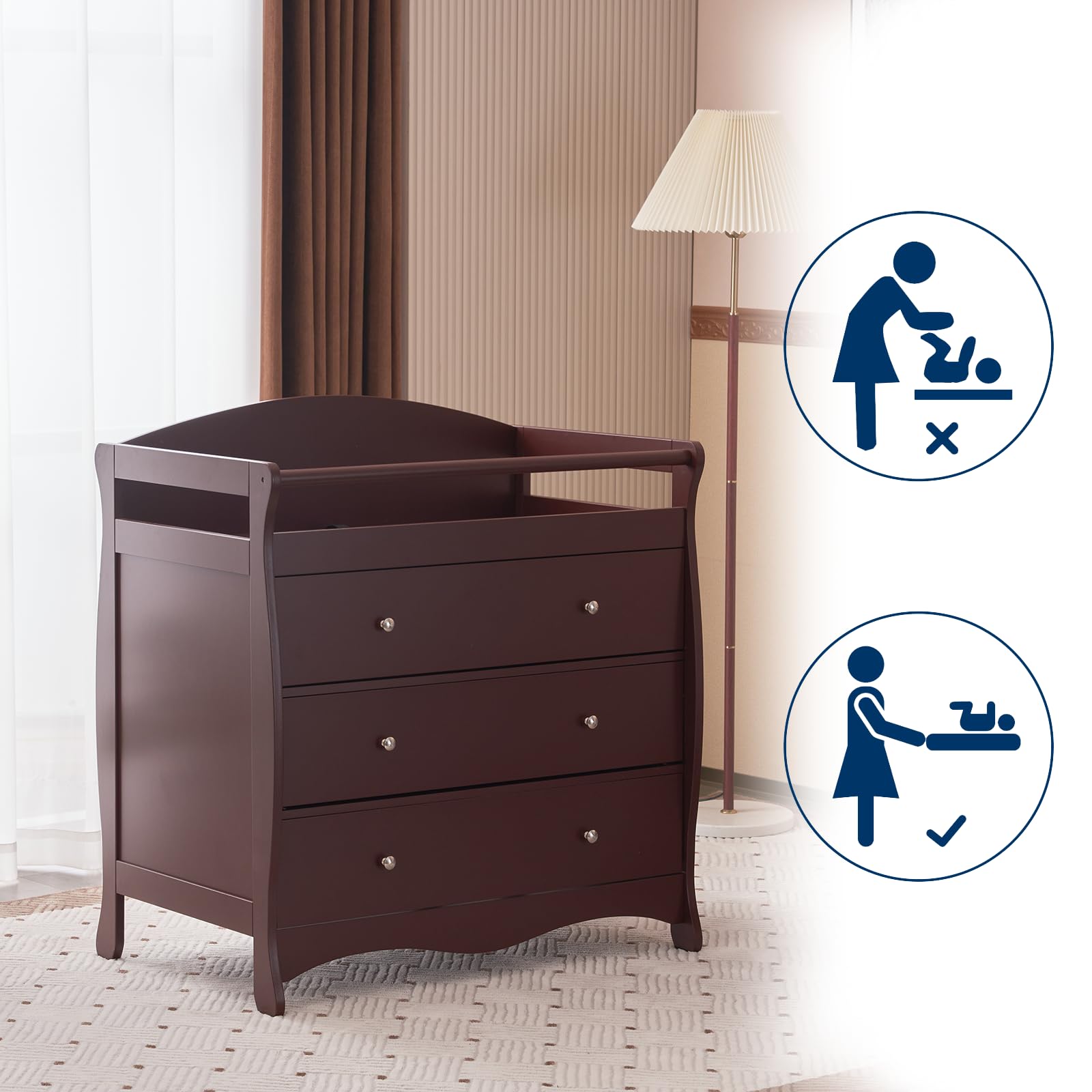Karl Home Baby Changing Table Dresser with 3 Drawers, Safety Rail & Strap - Nursery Changing Station for Diapers, Infant Care - Perfect for Bedroom, Nursery & Baby Room Organization (Brown)