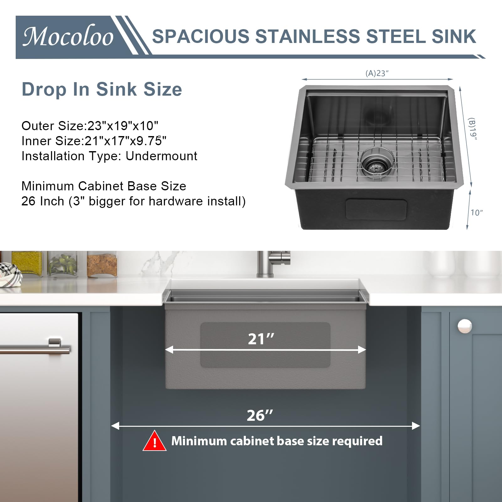 Mocoloo 23x19 Inch Undermount Stainless Steel Single Bowl Kitchen Sink - Black Bar Prep Workstation with Handmade Design for Small Kitchens | Perfect for Food Prep, Dishwashing & Entertaining
