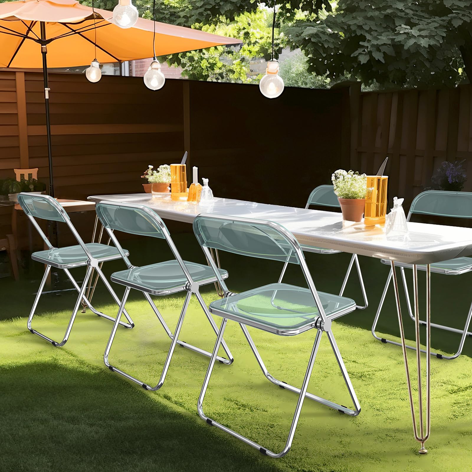 VINGLI 2 Pack Clear Acrylic Folding Chairs - Foldable & Stackable Plastic Panel Chairs with Metal Chrome Frame - 350 lbs Weight Capacity - Blue & Green - Perfect for Patio, Wedding, Banquet, and Outdoor Events