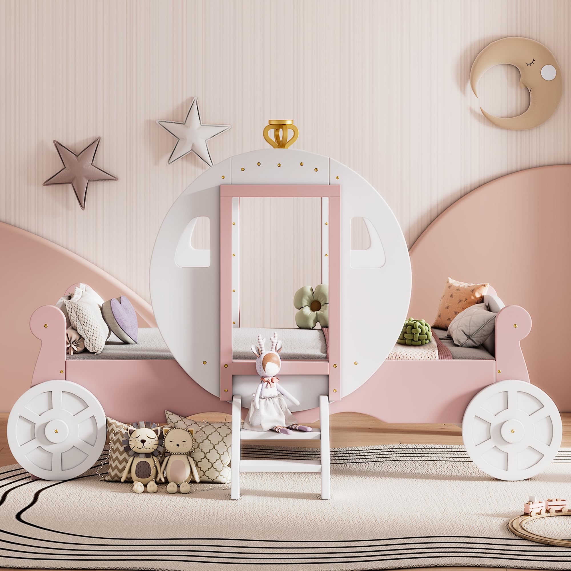 **Princess Carriage Bed for Girls - Twin Size Wooden Platform Bed with Crown & Stairs, White & Pink - Perfect for Kids' Bedroom, Fairy Tale Themed Room & Sleepover Fun**