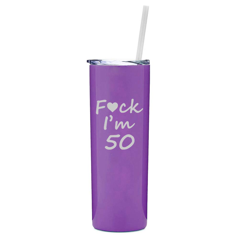 20 oz Skinny Tall Stainless Steel Vacuum Insulated Tumbler with Straw - Funny 50th Birthday Gift (Purple) - Perfect for Travel, Office & Outdoor Adventures