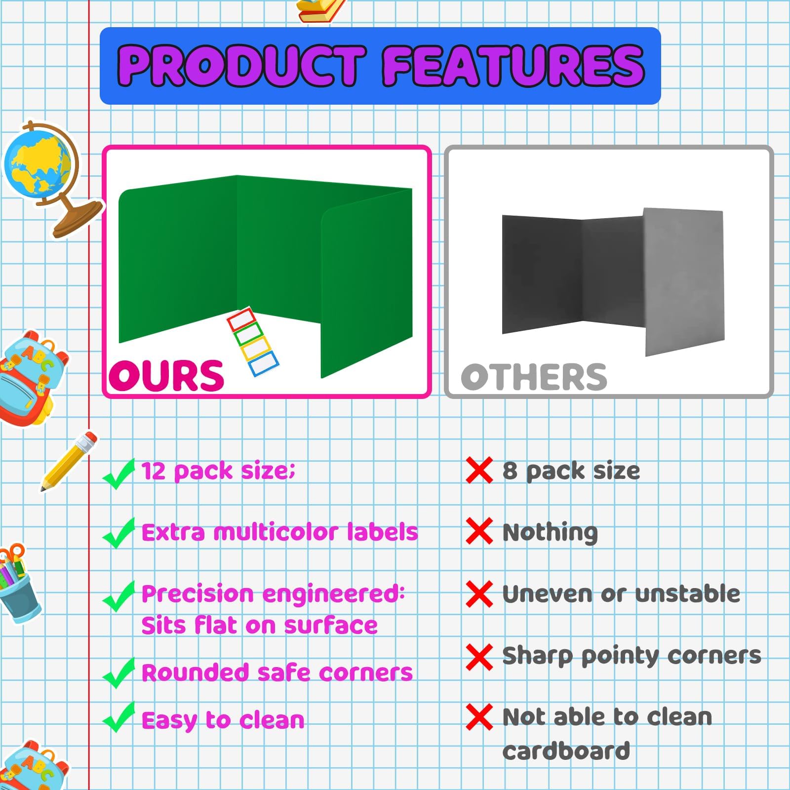 12 Pack Plastic Study Carrel Dividers - Sturdy, Waterproof & Easy to Clean Desk Privacy Shields for Students | Colorful Classroom Dividers for School & Teacher Supplies | Perfect for Test Taking, Focused Learning & Quiet Study Areas