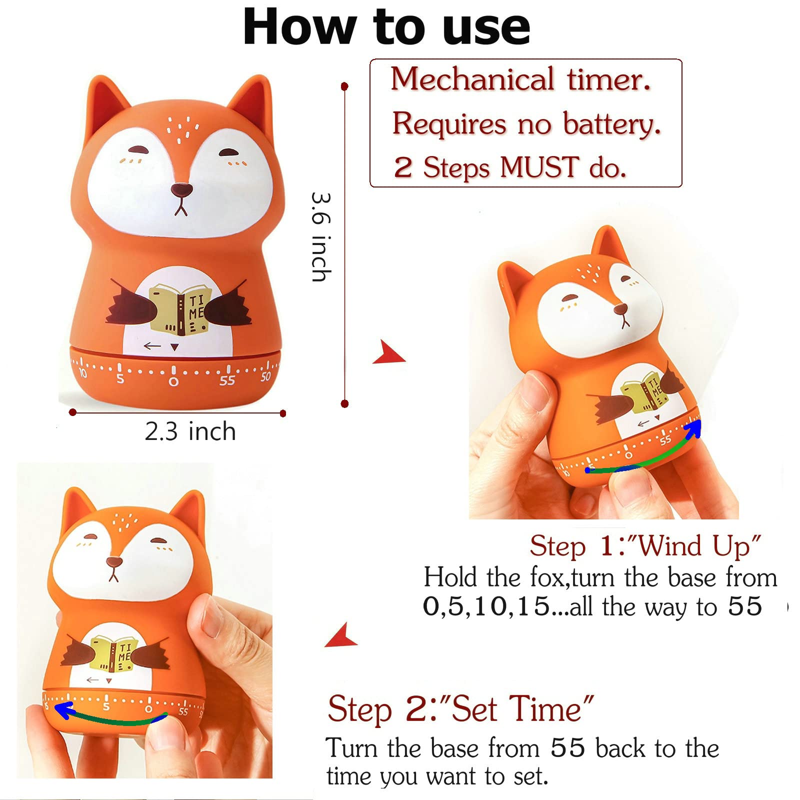 60-Minute Wind Up Mechanical Kitchen Timer - Cute Orange Fox Animal Design for Kids, Classroom, Home, Study & Cooking | Perfect for Baking, Homework Focus & Teaching Time Management