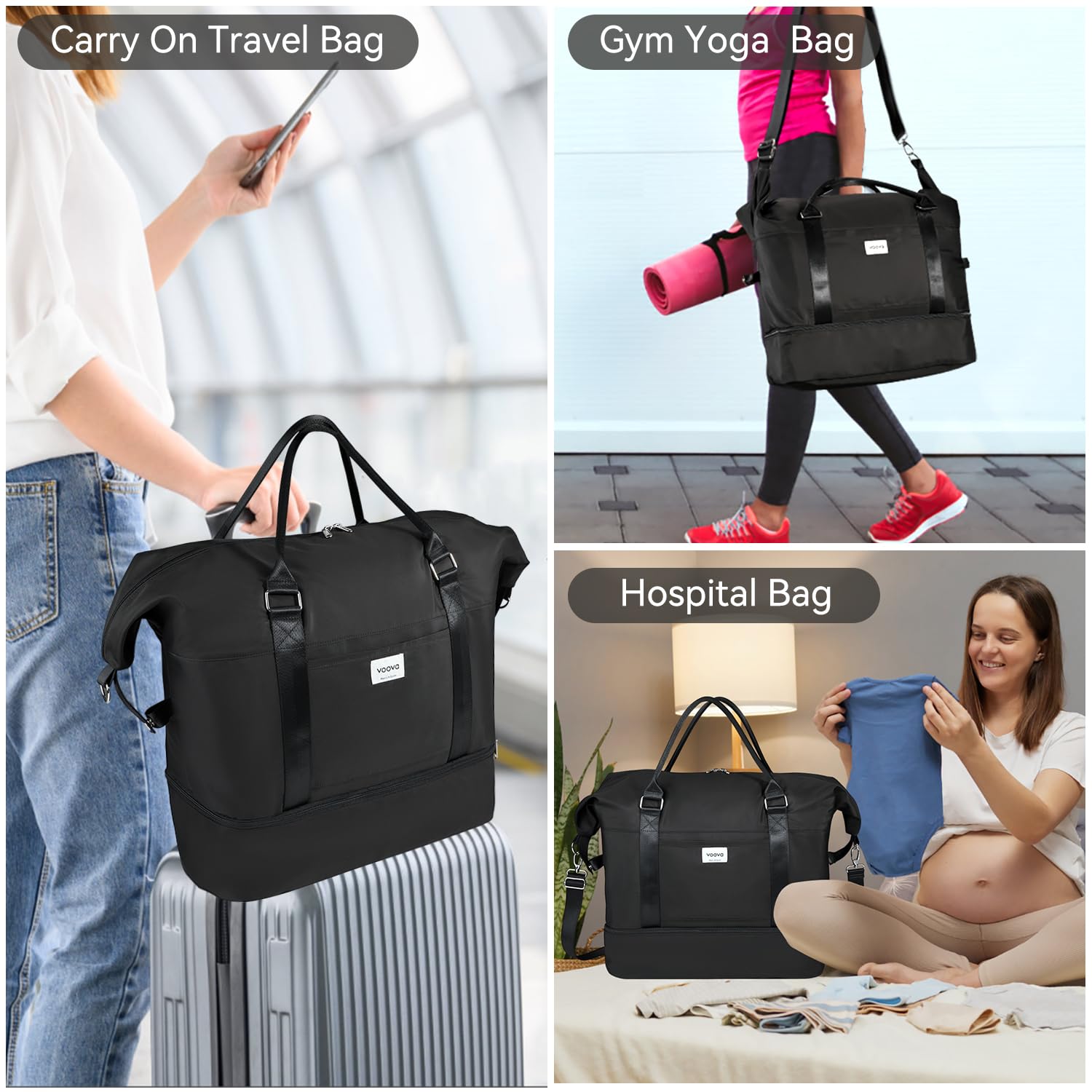 Voova Weekender Bags for Women & Men - Large Travel Duffle Bag with Shoe Compartment & 4 Toiletry Bags - Perfect Carry-On Overnight Bag for Gym, Yoga, Hospital & Weekend Getaways (Black)